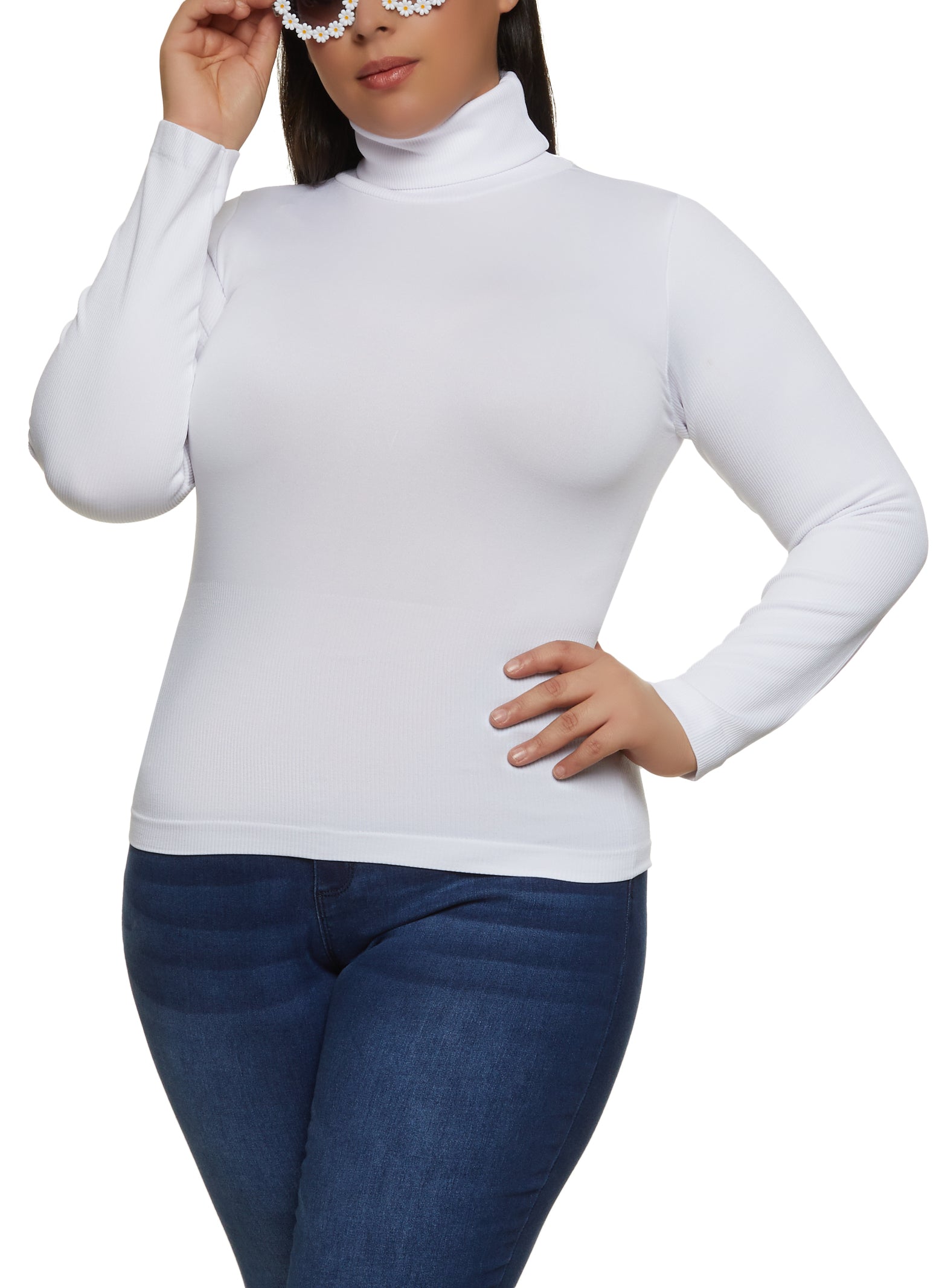 Womens Plus Size Basic Long Sleeve Turtleneck Top, White, Size 2X-3X