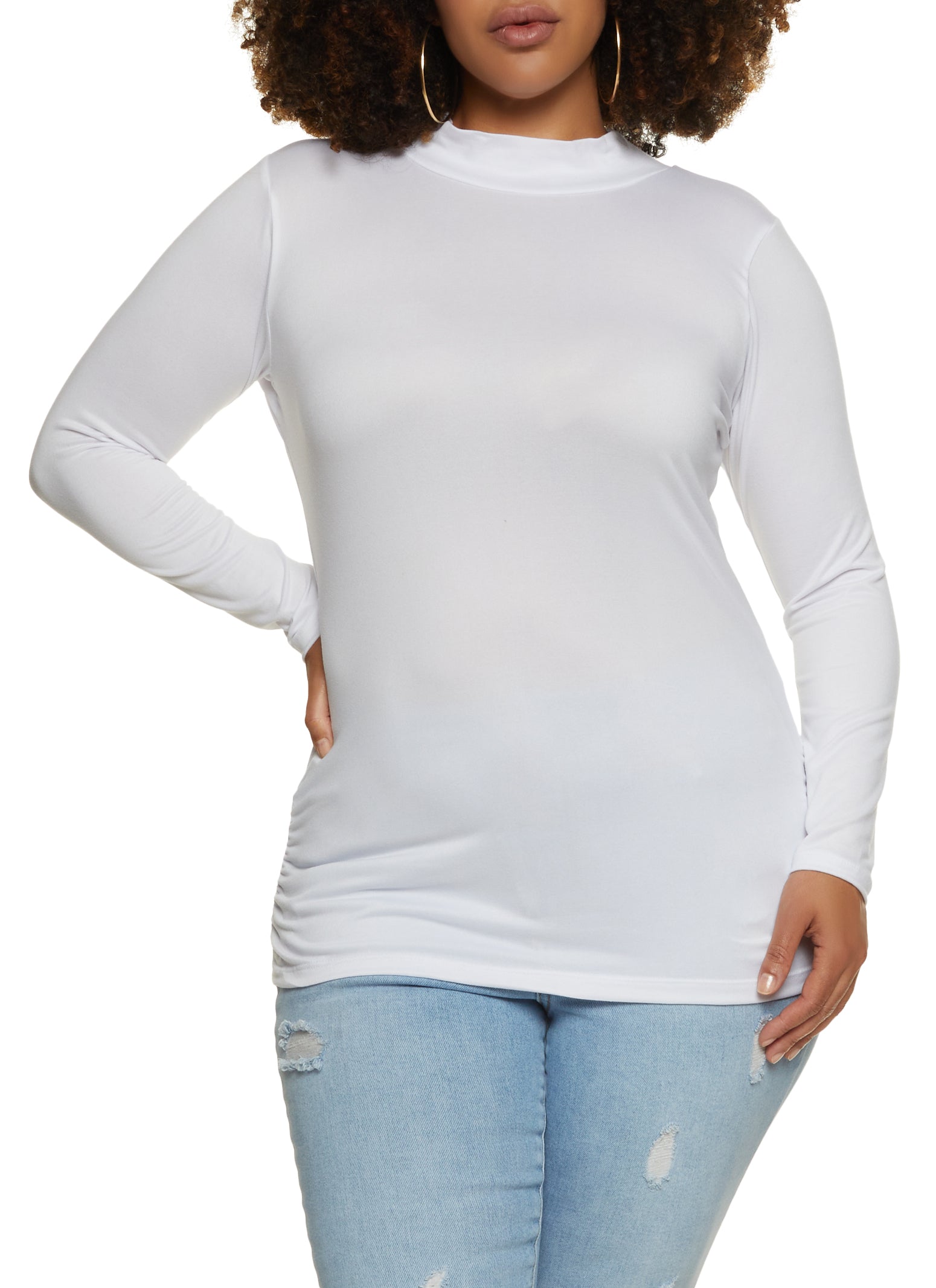 Womens Plus Size Basic Mock Neck Ruched Side Top, White, Size 1X