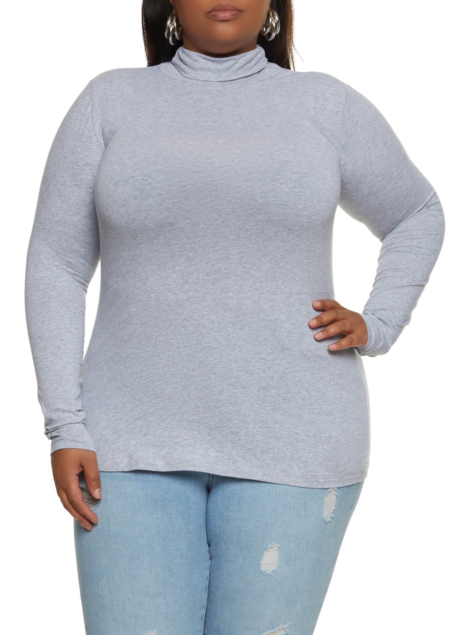 Womens Plus Size Long Sleeve Turtleneck Top, Grey, Size 1X