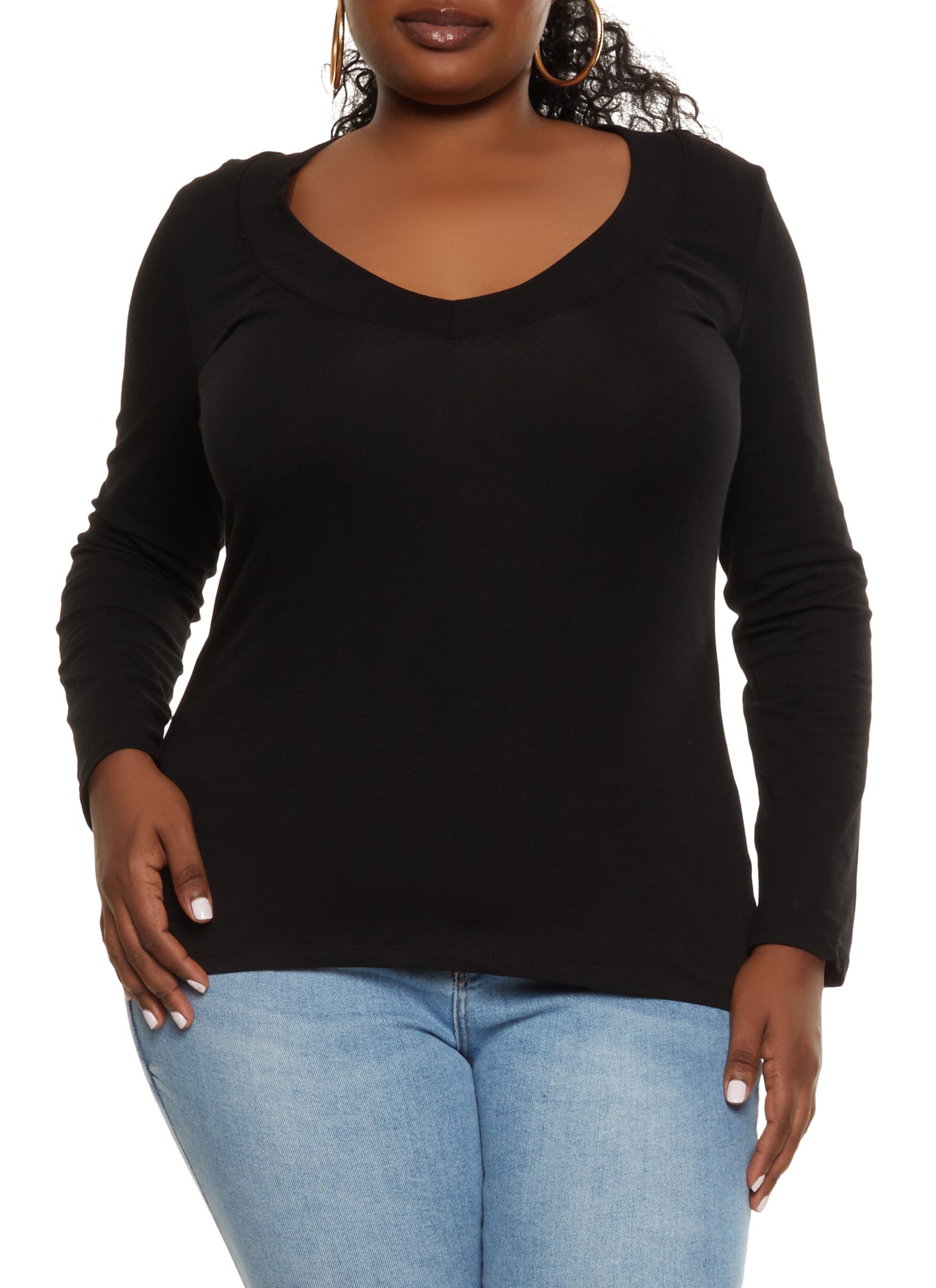 Womens Plus Solid V Neck Long Sleeve Tee,