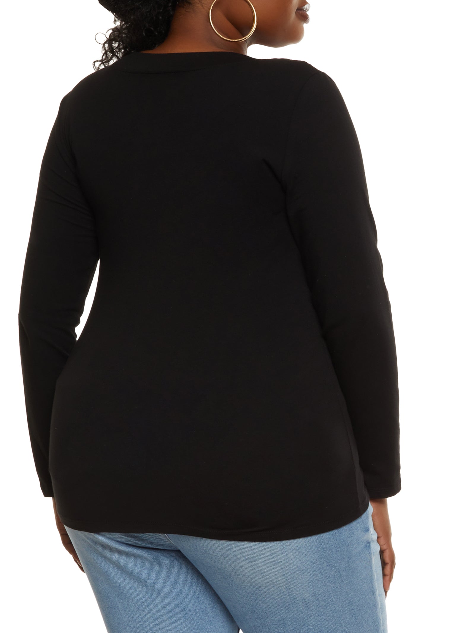 Womens Plus Solid V Neck Long Sleeve Tee,