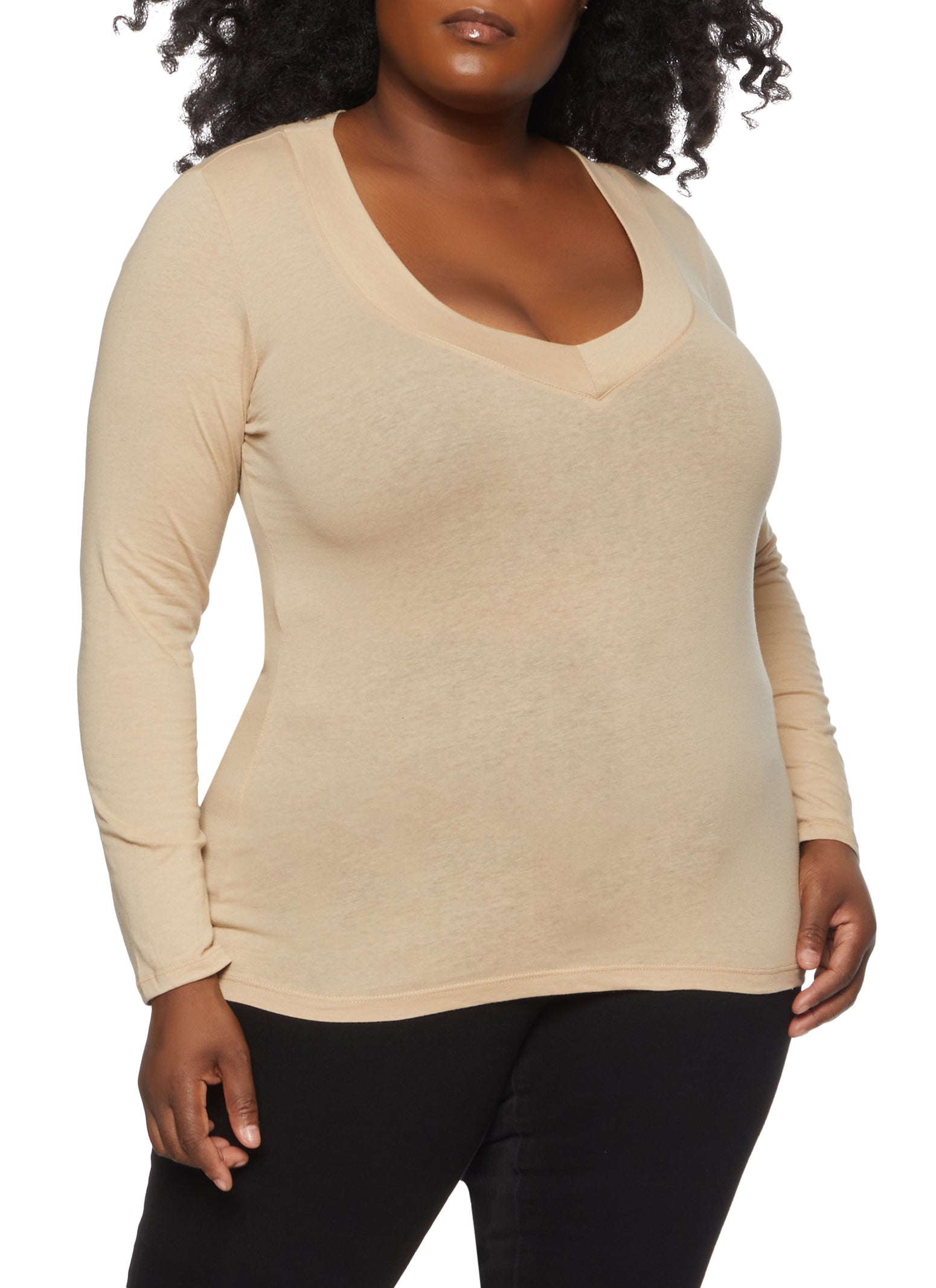 Womens Plus Solid V Neck Long Sleeve Tee,