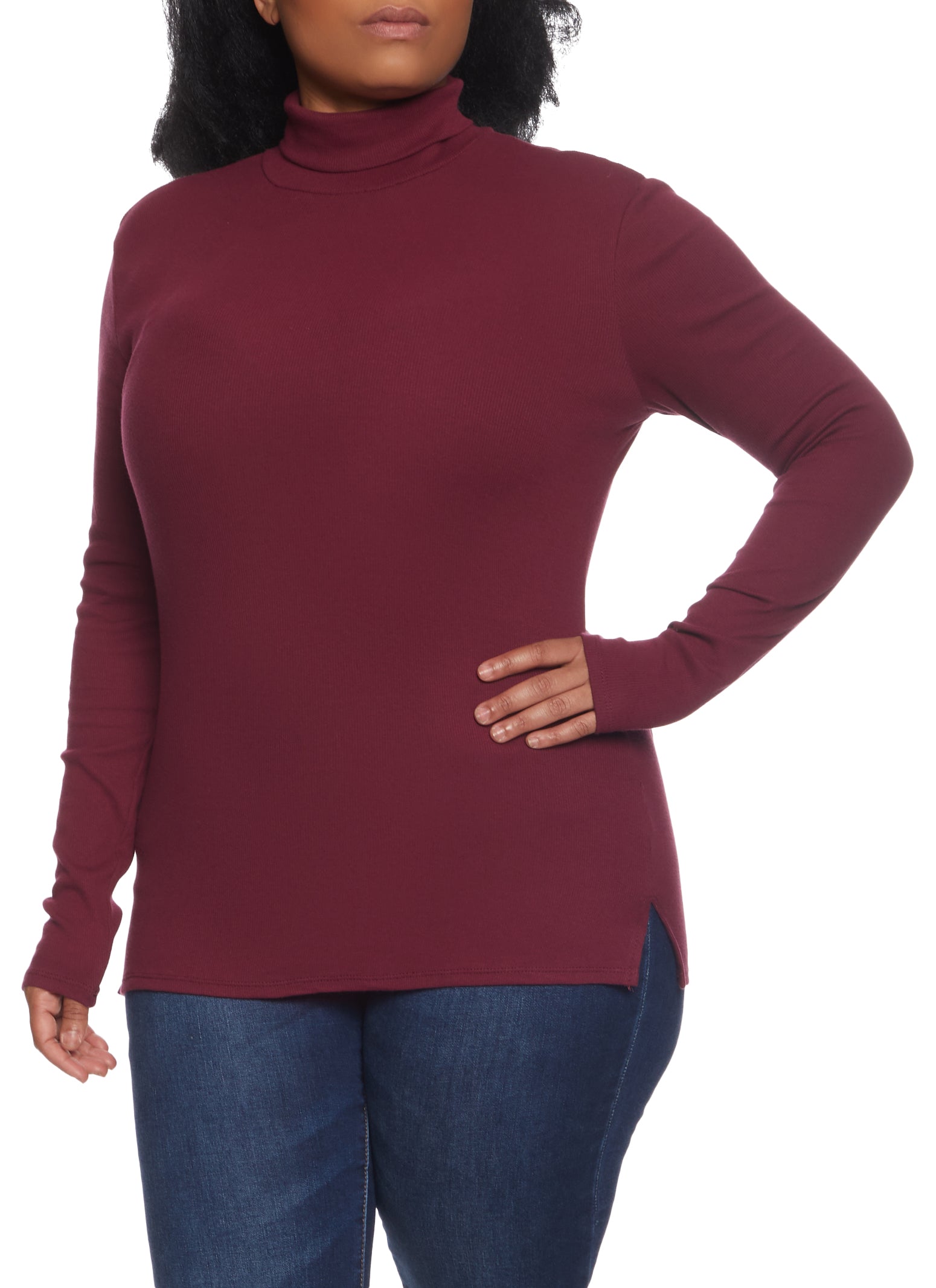 Plus Size Ribbed Knit Turtleneck Long Sleeve Top - Burgundy