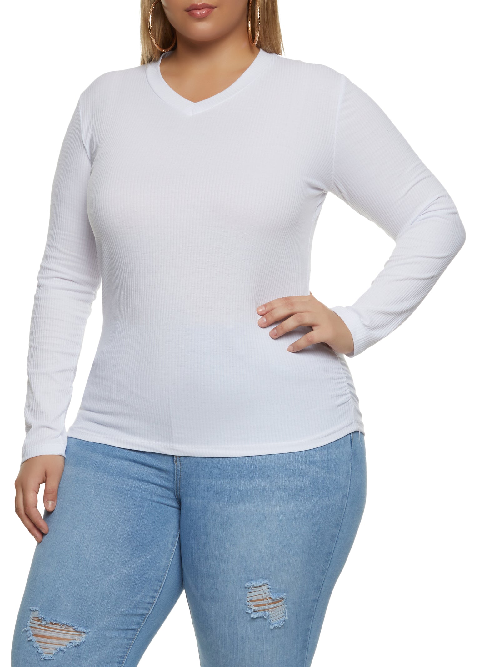 Women's Rib Ruched Side Tee in White