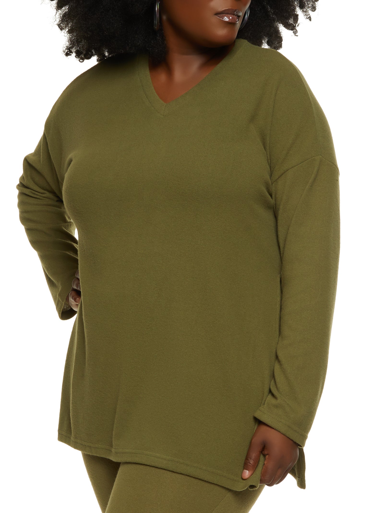 Womens Plus Size Brushed Knit V Neck Tunic Top, Green, Size 1X