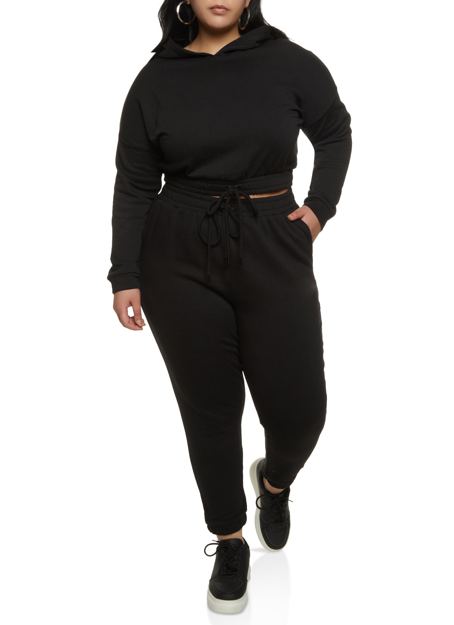 Womens Plus Size Drawstring Hem Fleece Pullover Hoodie, Black, Size 1X