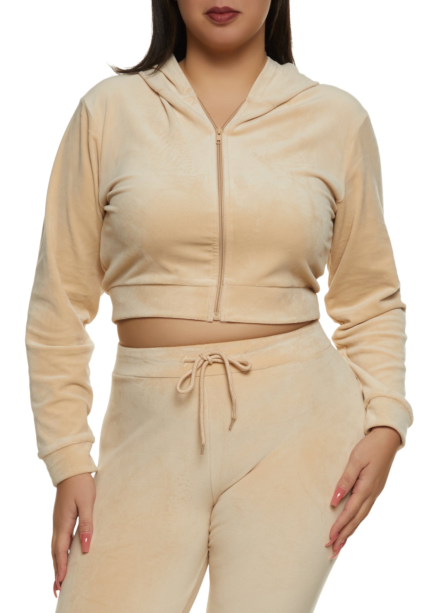 Womens Plus Cropped Velour Zip Front Hoodie, Beige,