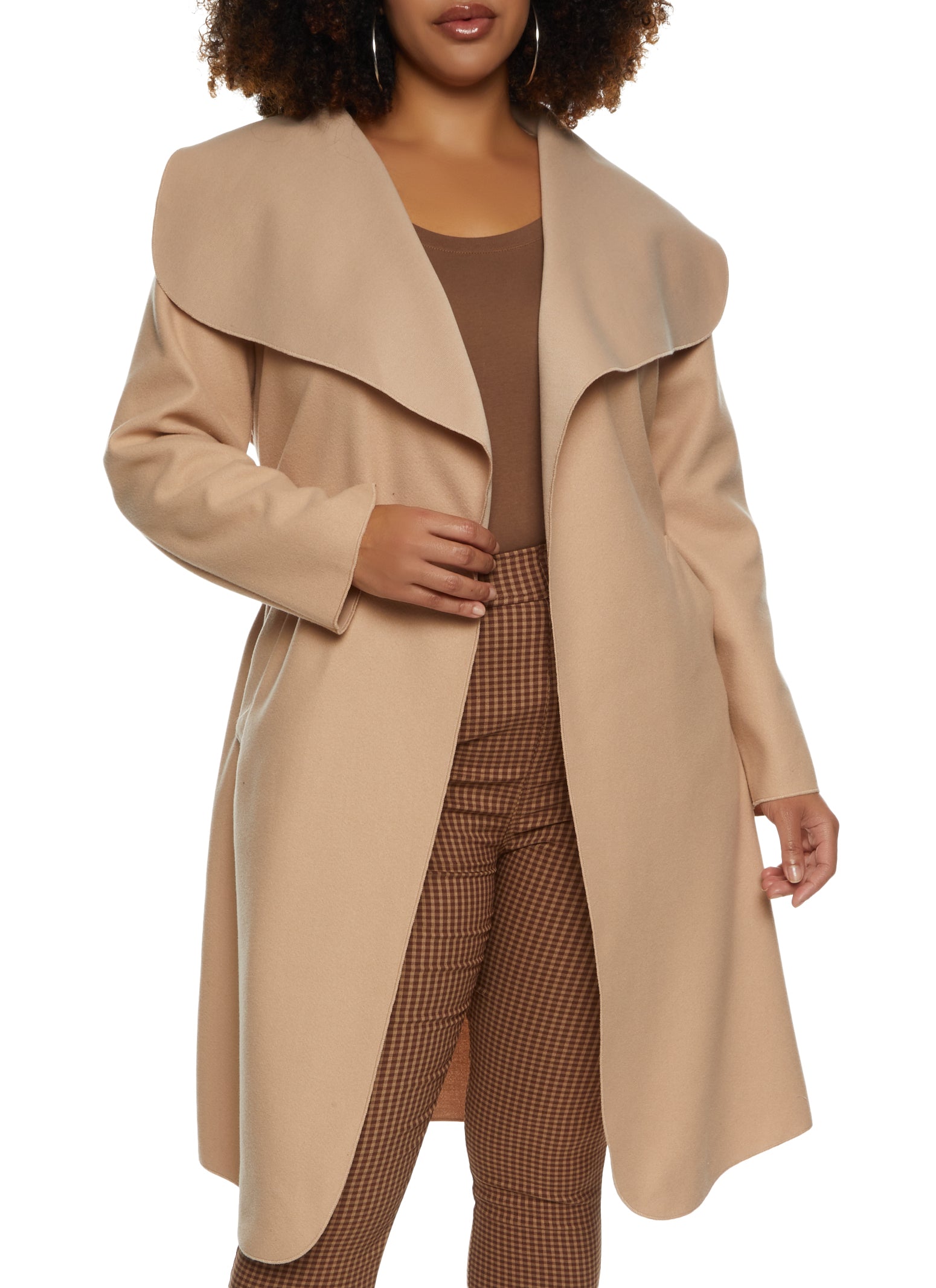 Womens Plus Size Solid Belted Wrap Coat, Beige, Size 1X
