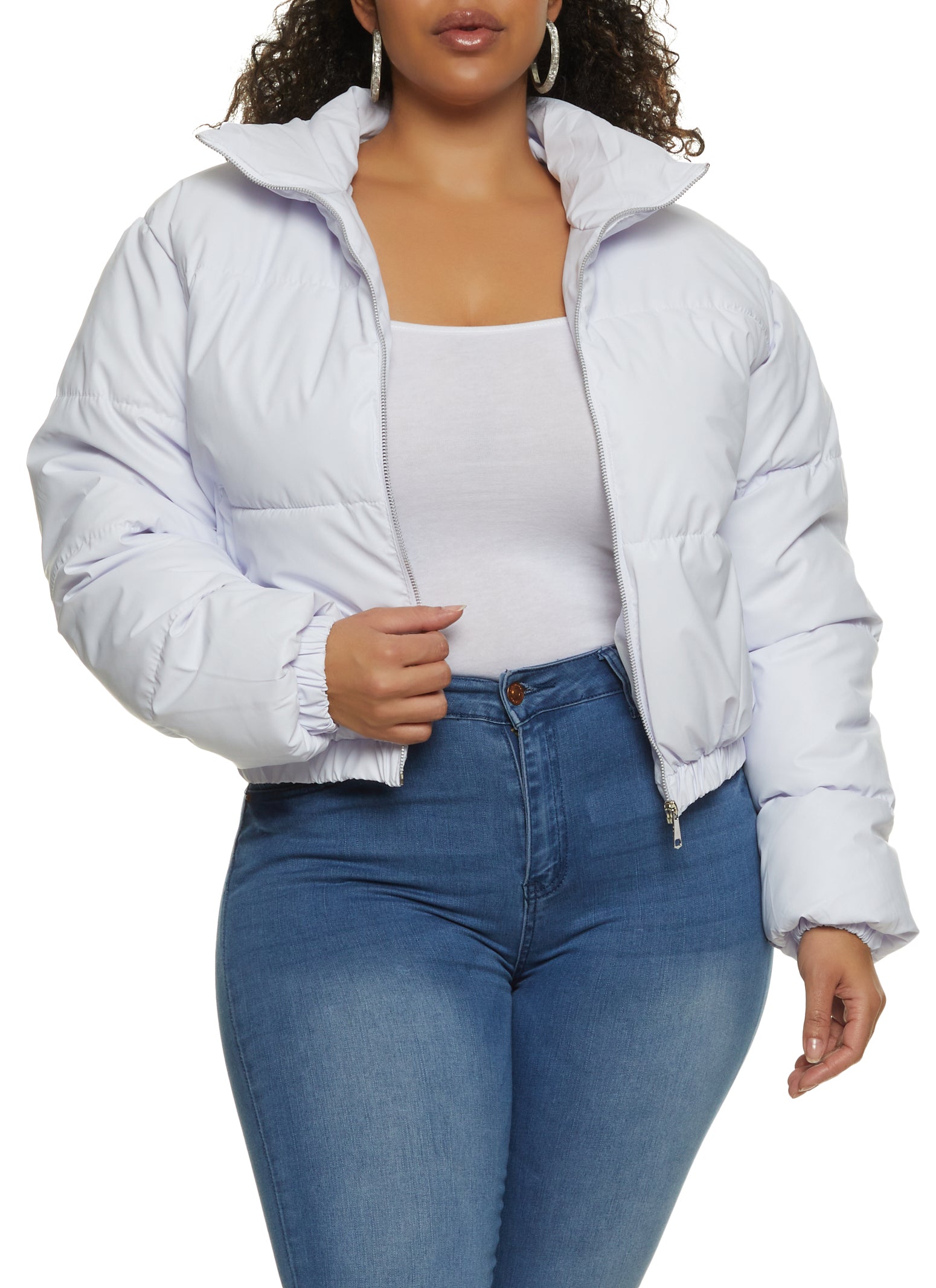 Womens Plus Size Faux Leather Zip Front Puffer Jacket, White, Size 1X