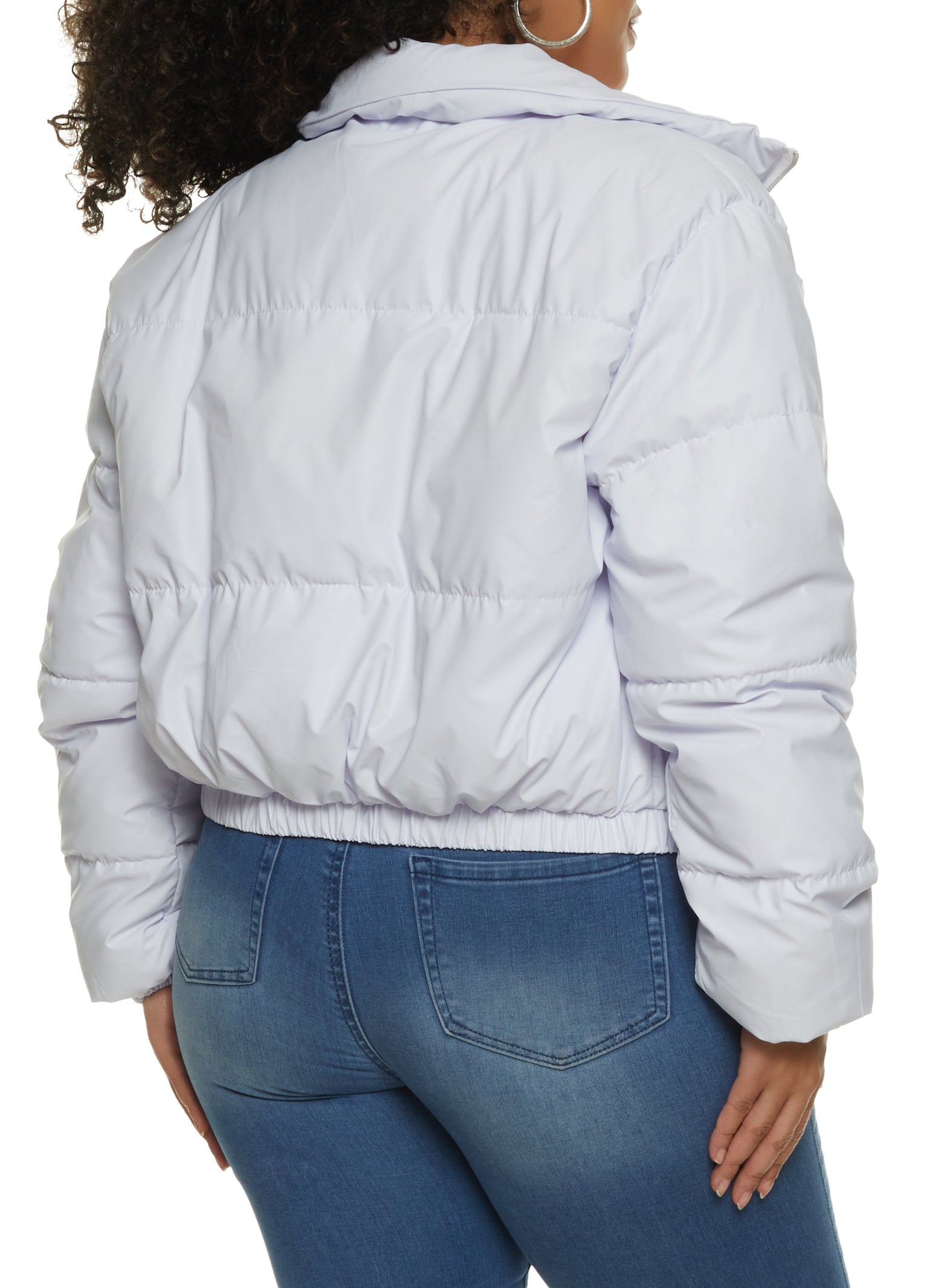 Womens Plus Size Faux Leather Zip Front Puffer Jacket, White, Size 1X