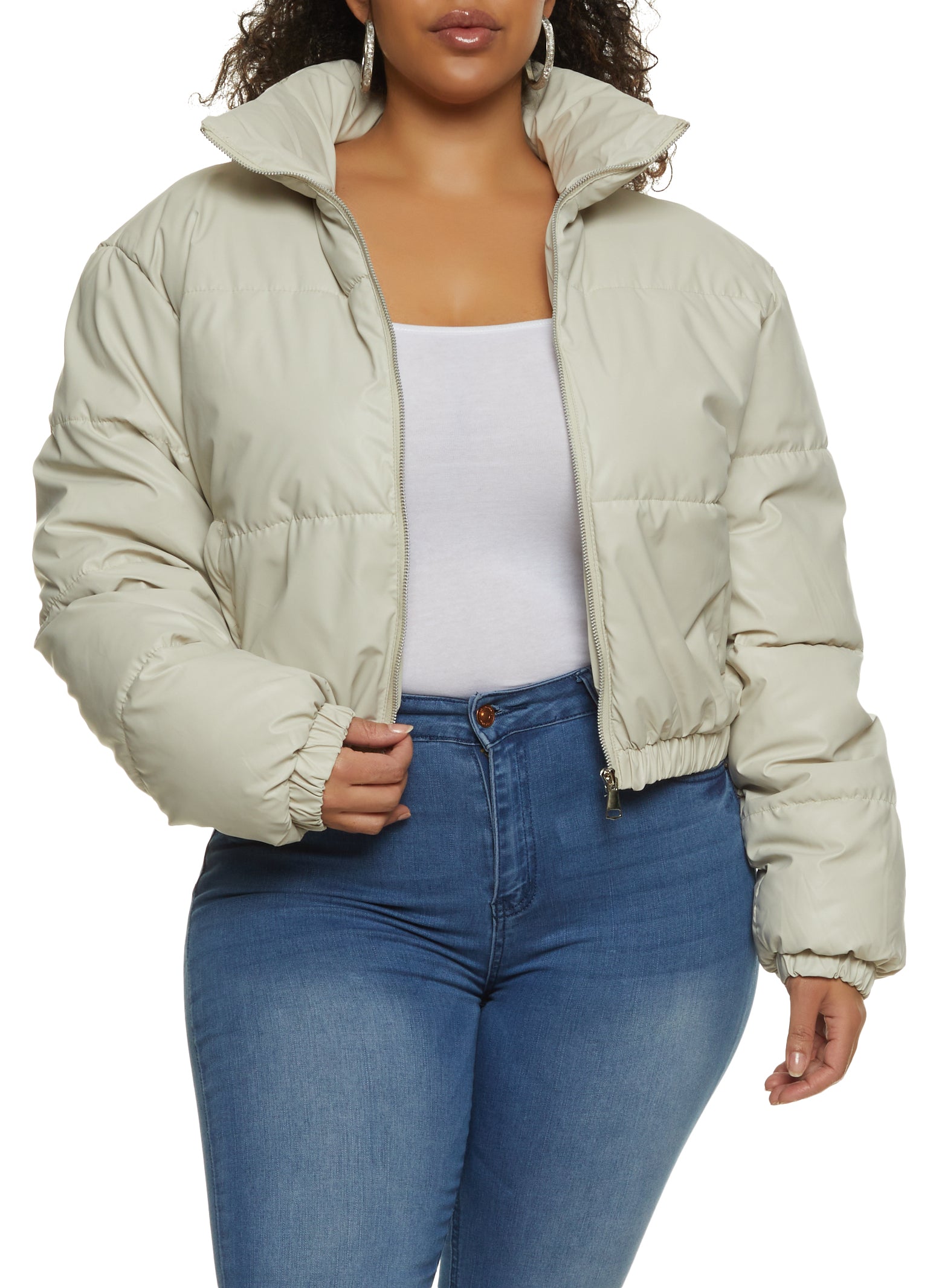 Womens Plus Size Faux Leather Zip Front Puffer Jacket, Beige, Size 2X