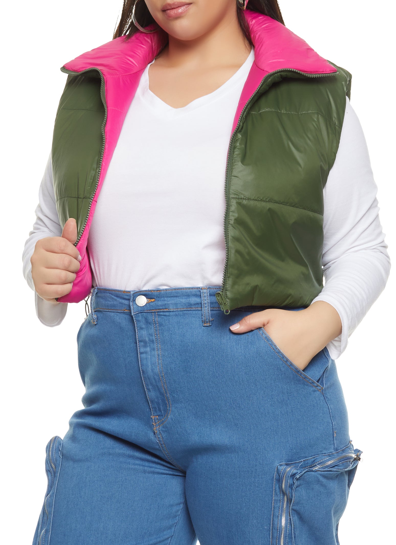 Womens Plus Size Drawstring Hem Cropped Puffer Vest, Green, Size 1X