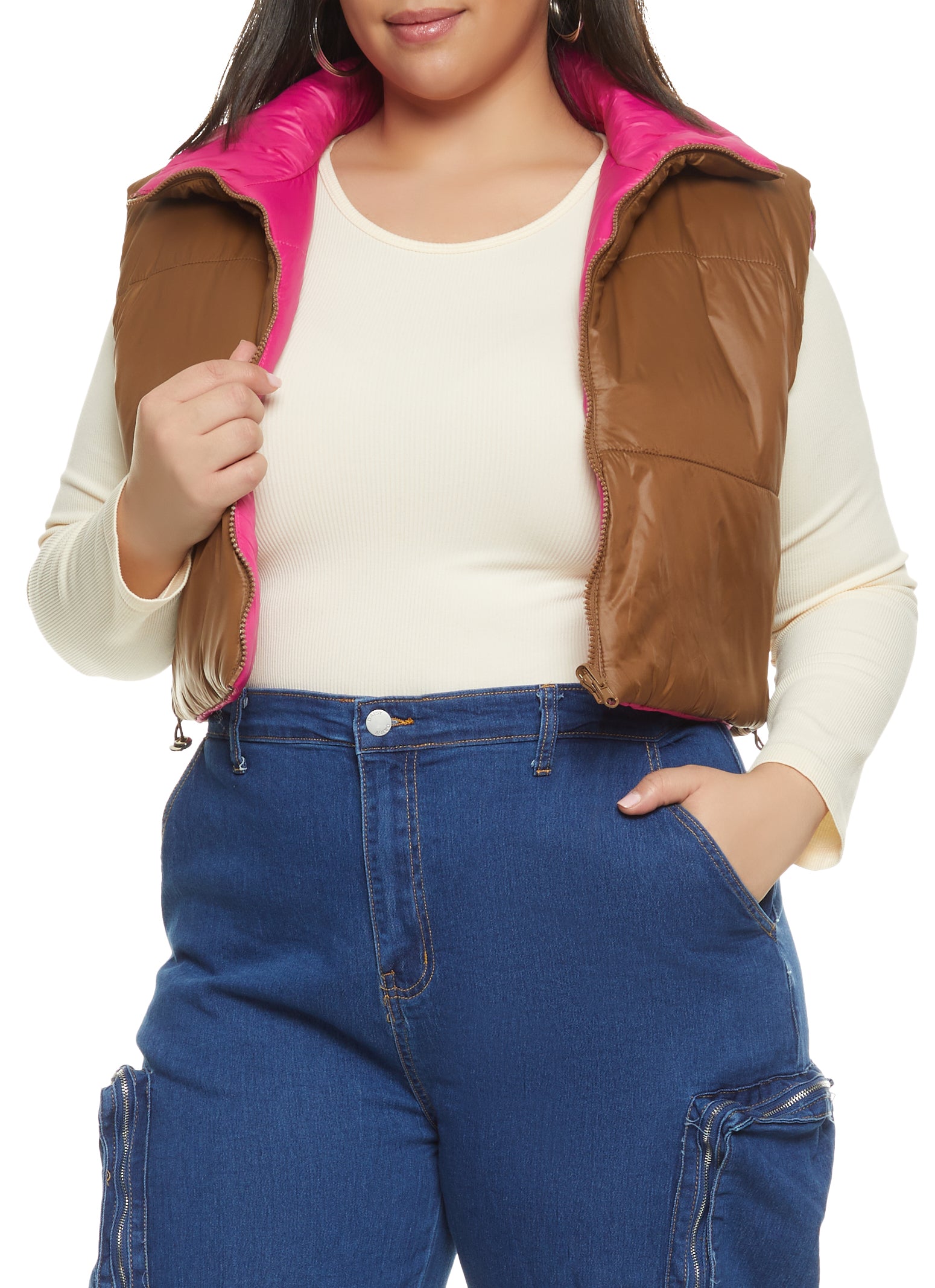 Womens Plus Size Drawstring Hem Cropped Puffer Vest, Brown, Size 1X