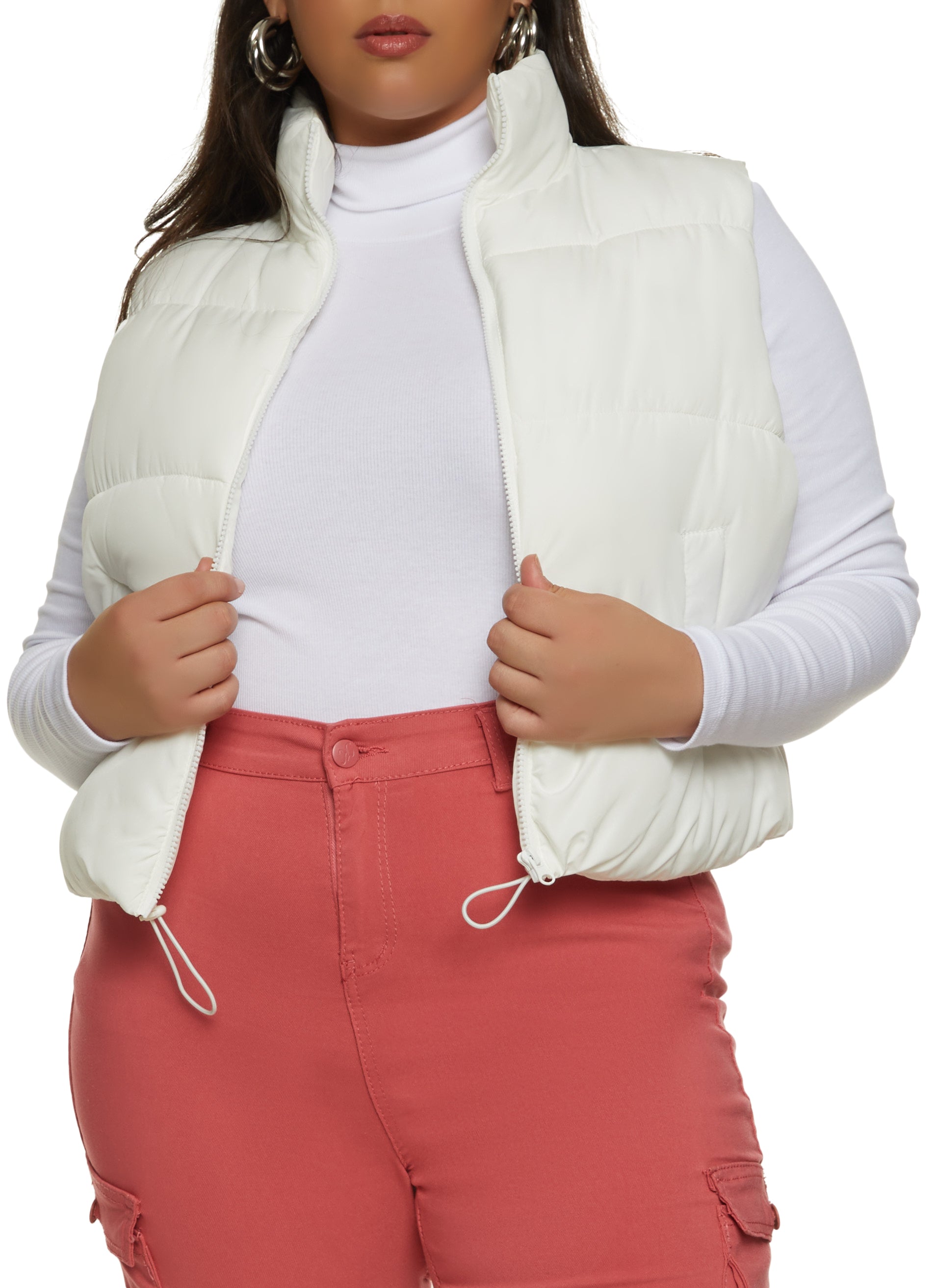 Womens Plus Size Solid Nylon Puffer Vest, White, Size 1X