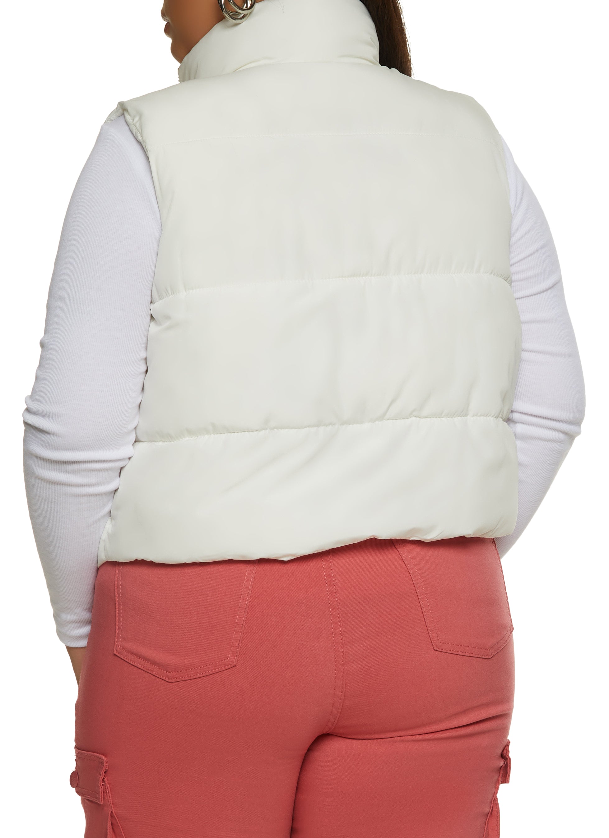 Womens Plus Size Solid Nylon Puffer Vest, White, Size 1X