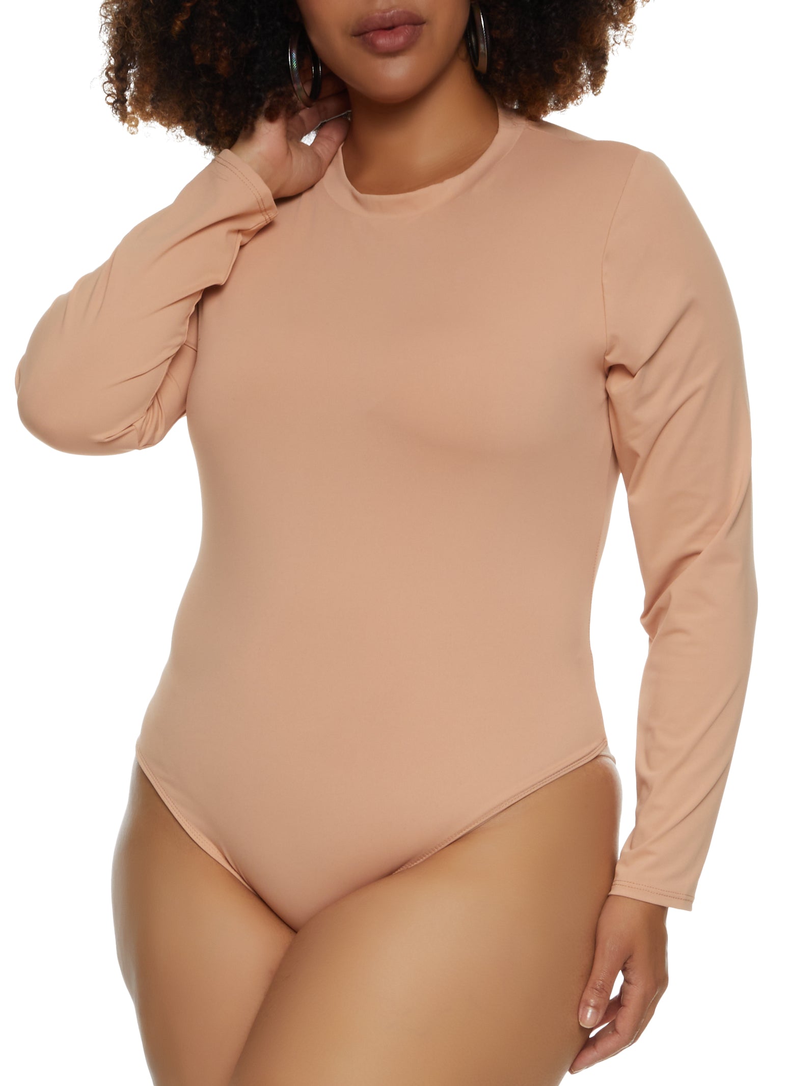 Rainbow Shops Womens Plus Size Solid Long Sleeve Bodysuit, Beige, Size 2X