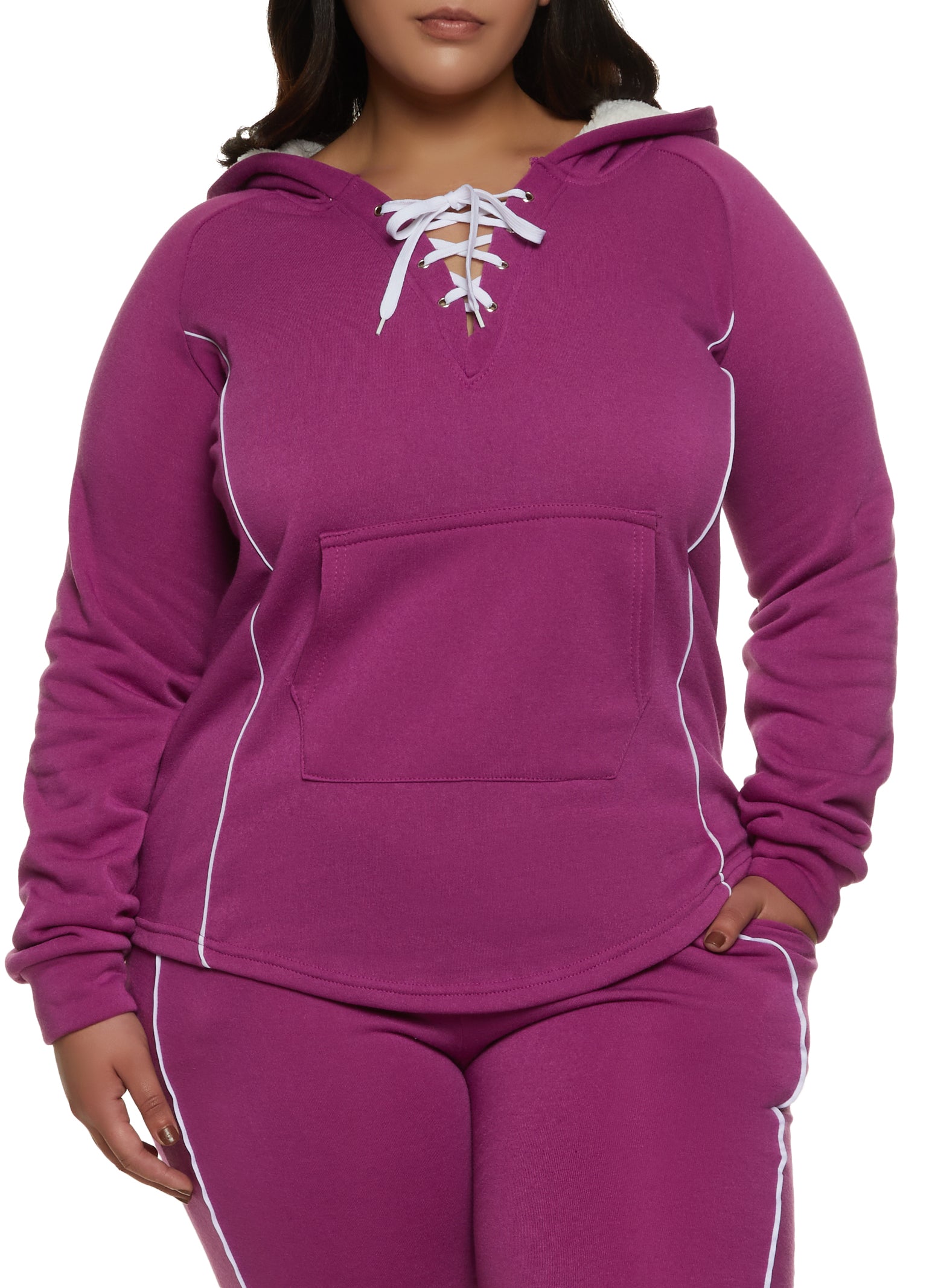 Rainbow Shops Womens Plus Size Contrast Piping Hooded Lace Up Sweatshirt,  Purple, Size 2X
