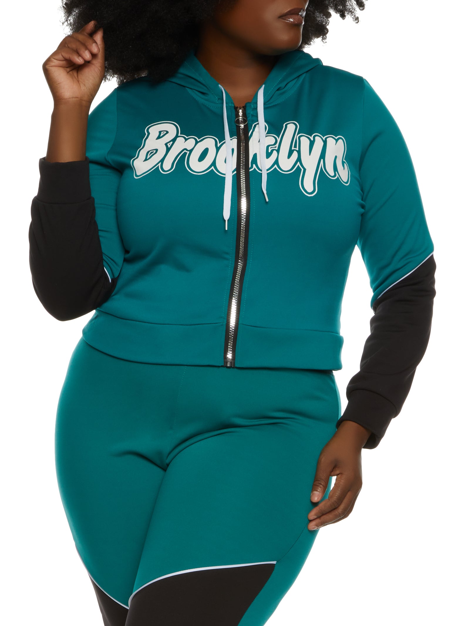 Womens Plus Size Brooklyn Zip Front Graphic Hoodie, Green, Size 1X