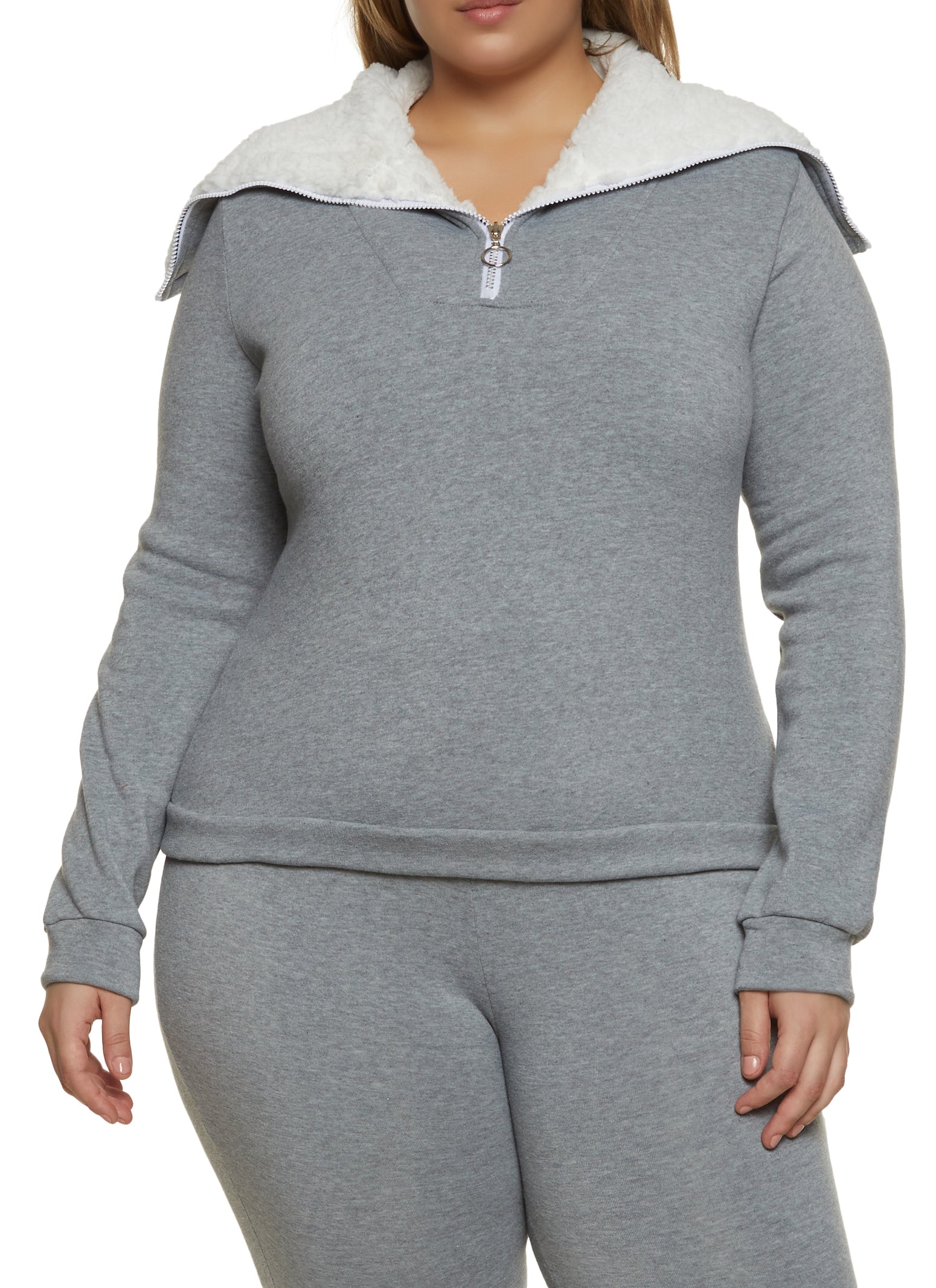 Womens Plus Sherpa Lined Collar Half Zip Sweatshirt, Grey,
