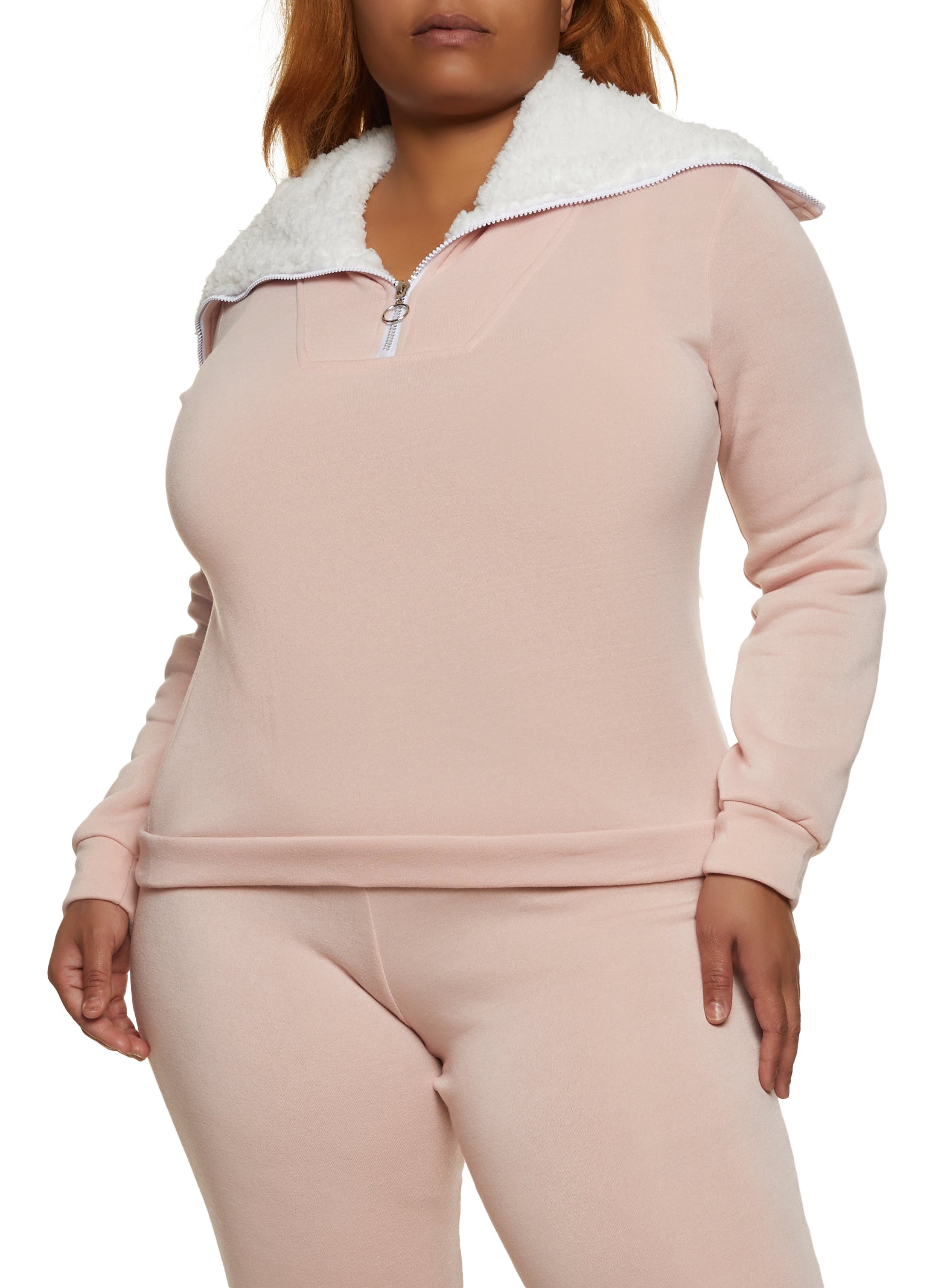 Womens Plus Size Sherpa Lined Collar Half Zip Sweatshirt, Pink, Size 2X