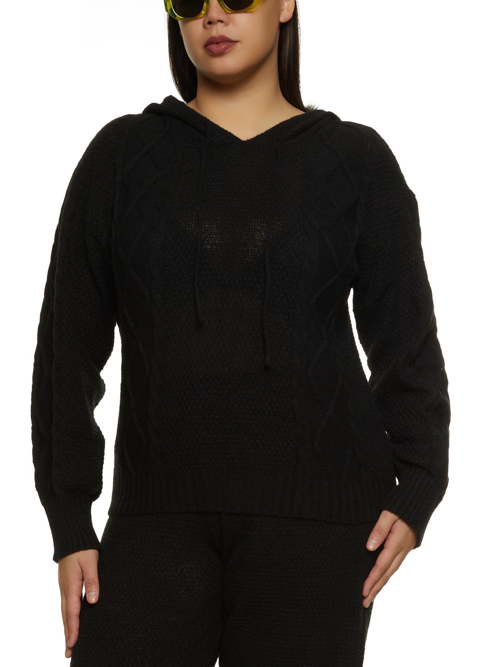 Womens Plus Cable Knit Pullover Hoodie,