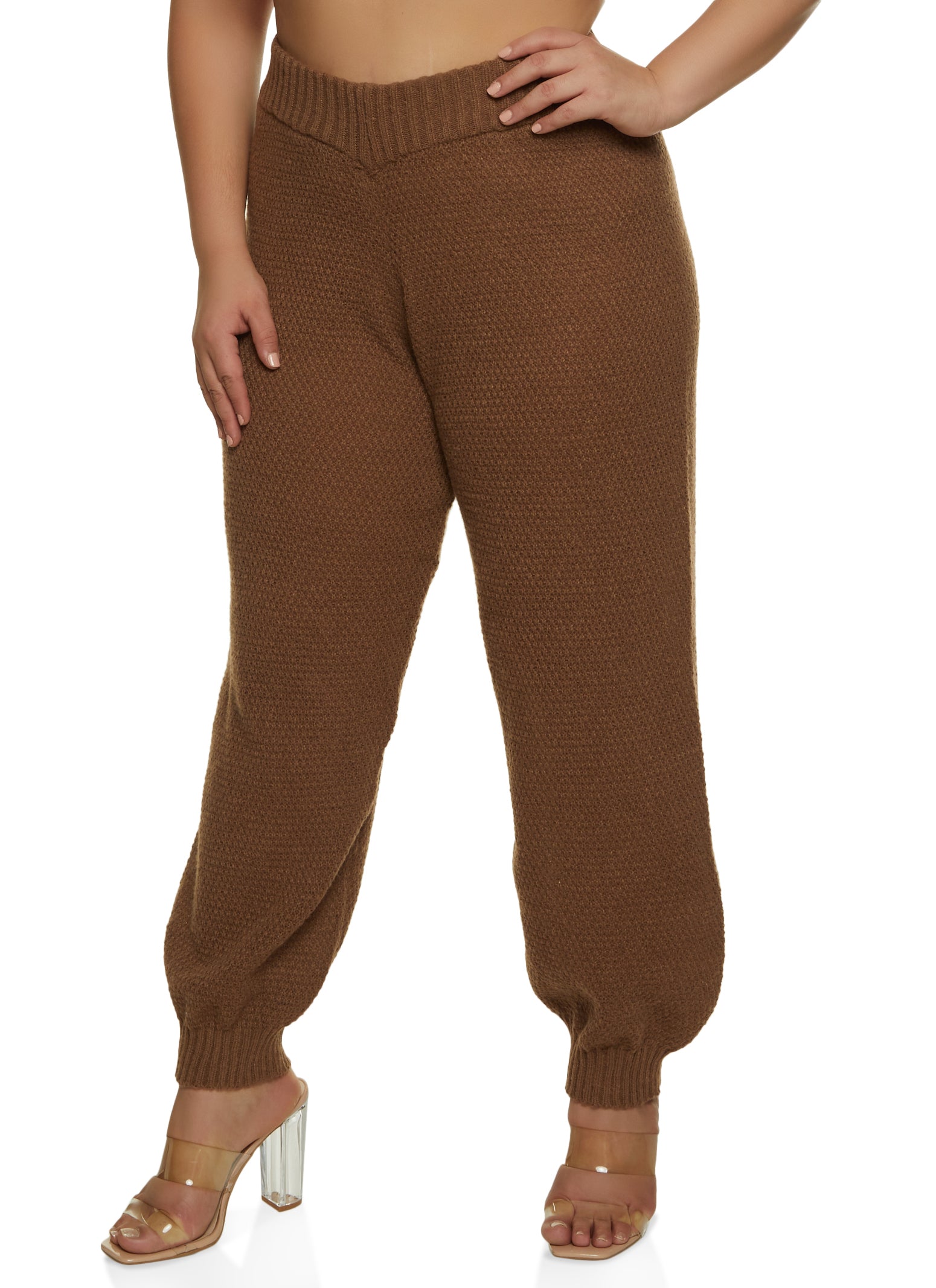 Rainbow Shops Womens Plus Size Knit High Waist Joggers, Brown, Size 3X