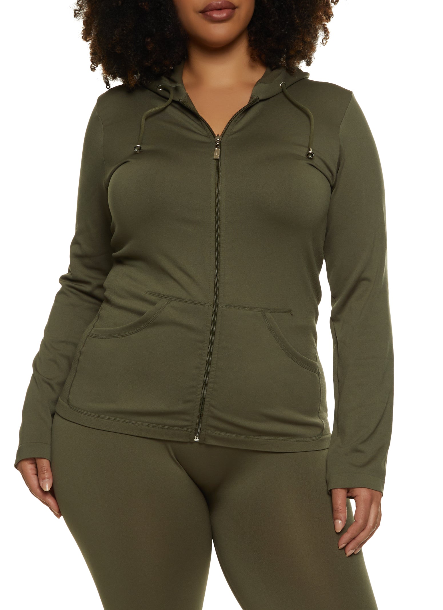 Womens Plus Size Basic Activewear Hooded Track Jacket, Green, Size 1X-2X