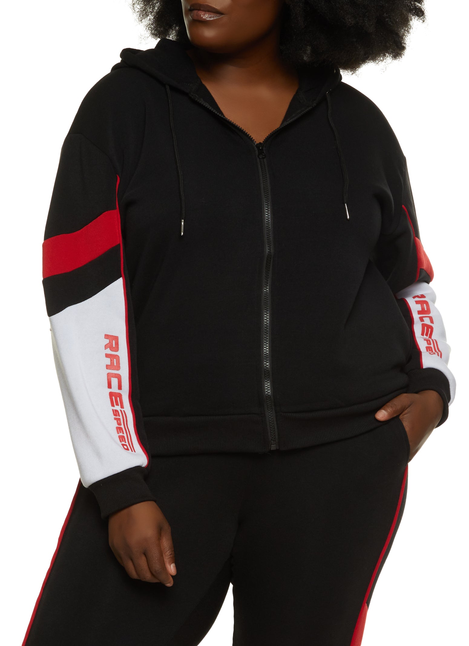 Womens Plus Size Fleece Race Speed Zip Front Hoodie, Black, Size 1X