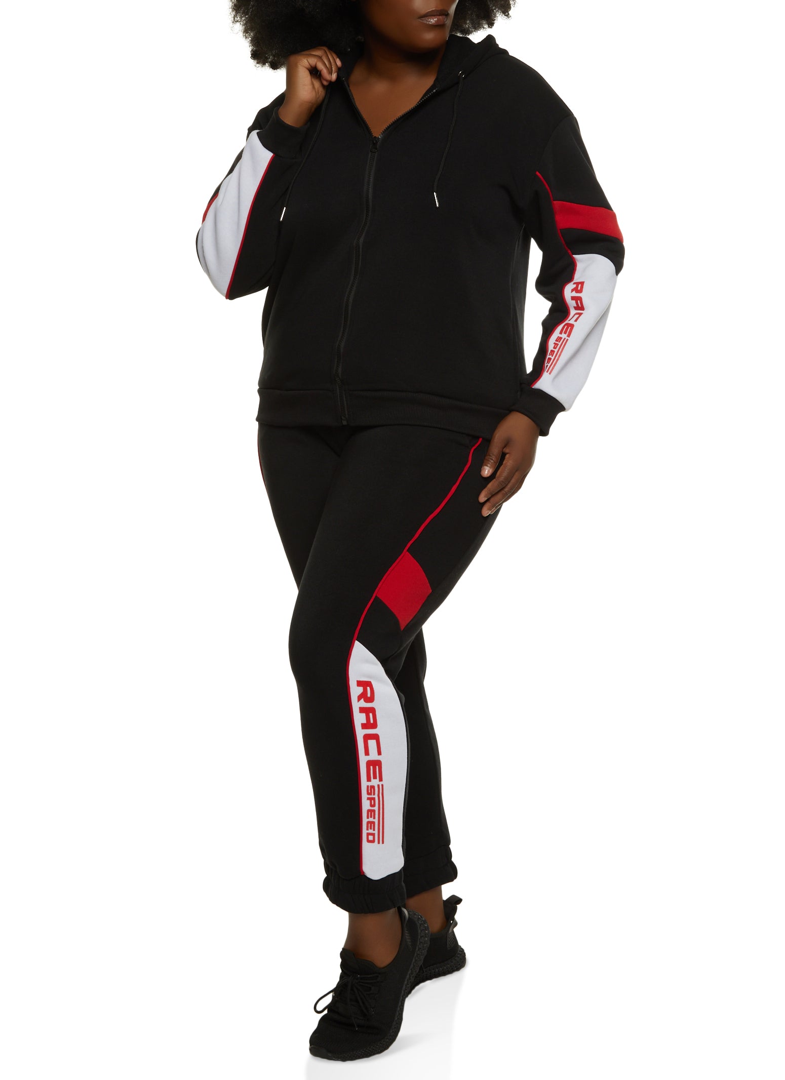 Womens Plus Size Fleece Race Speed Zip Front Hoodie, Black, Size 1X