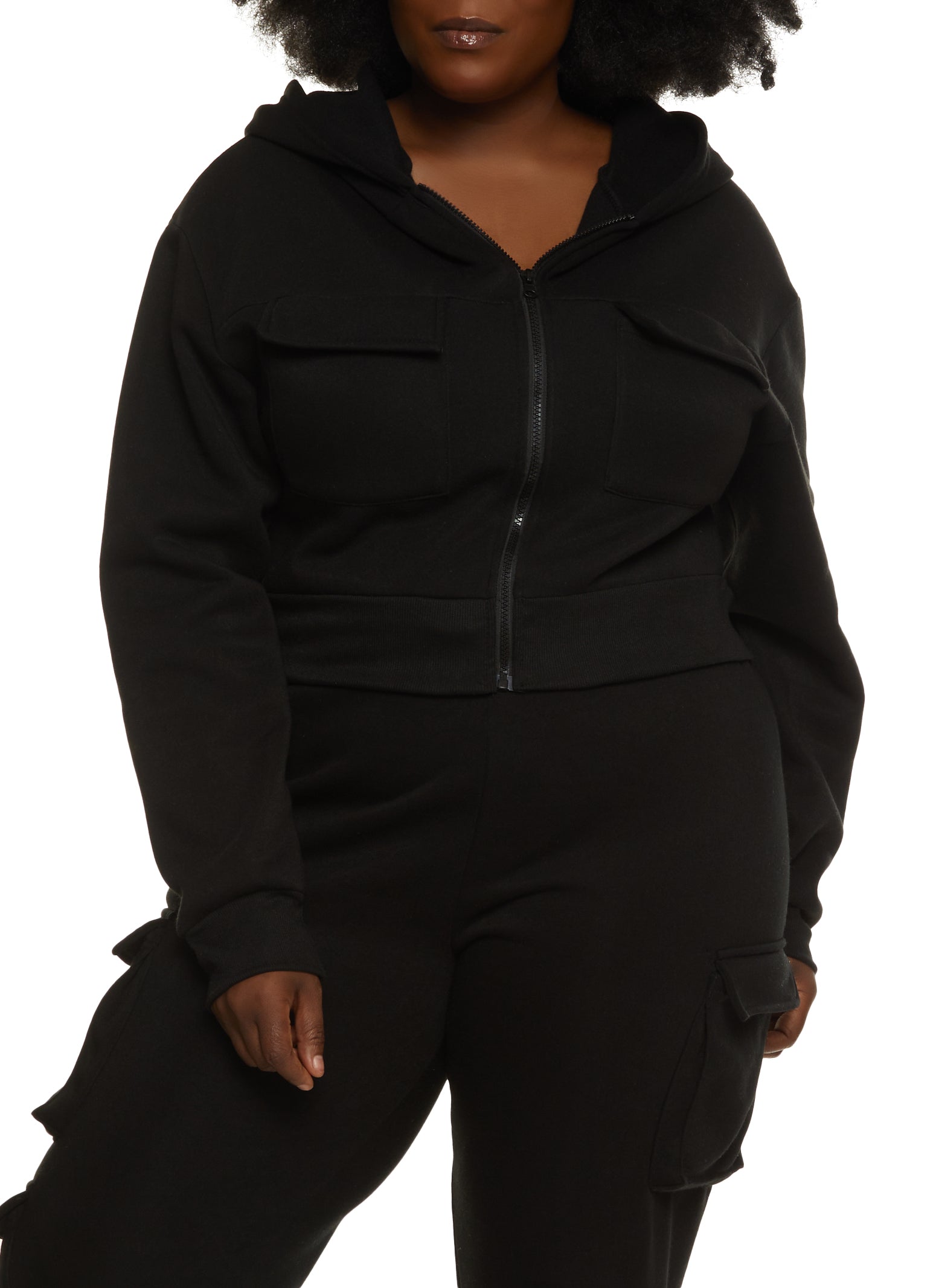 Rainbow Shops Womens Plus Size Cargo Pocket Cropped Hoodie Black