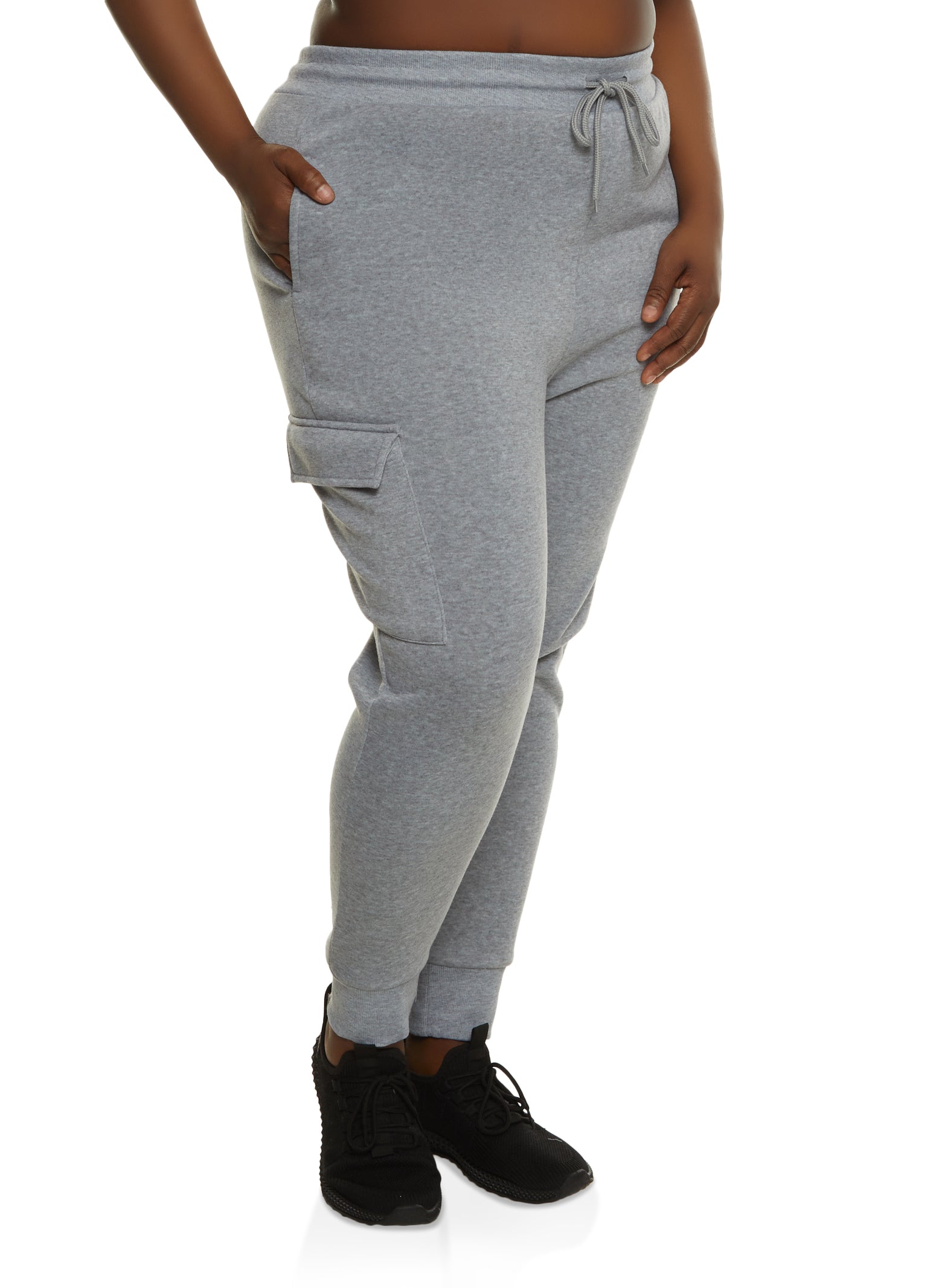 Womens Plus Fleece Cargo Pocket Joggers, Grey,