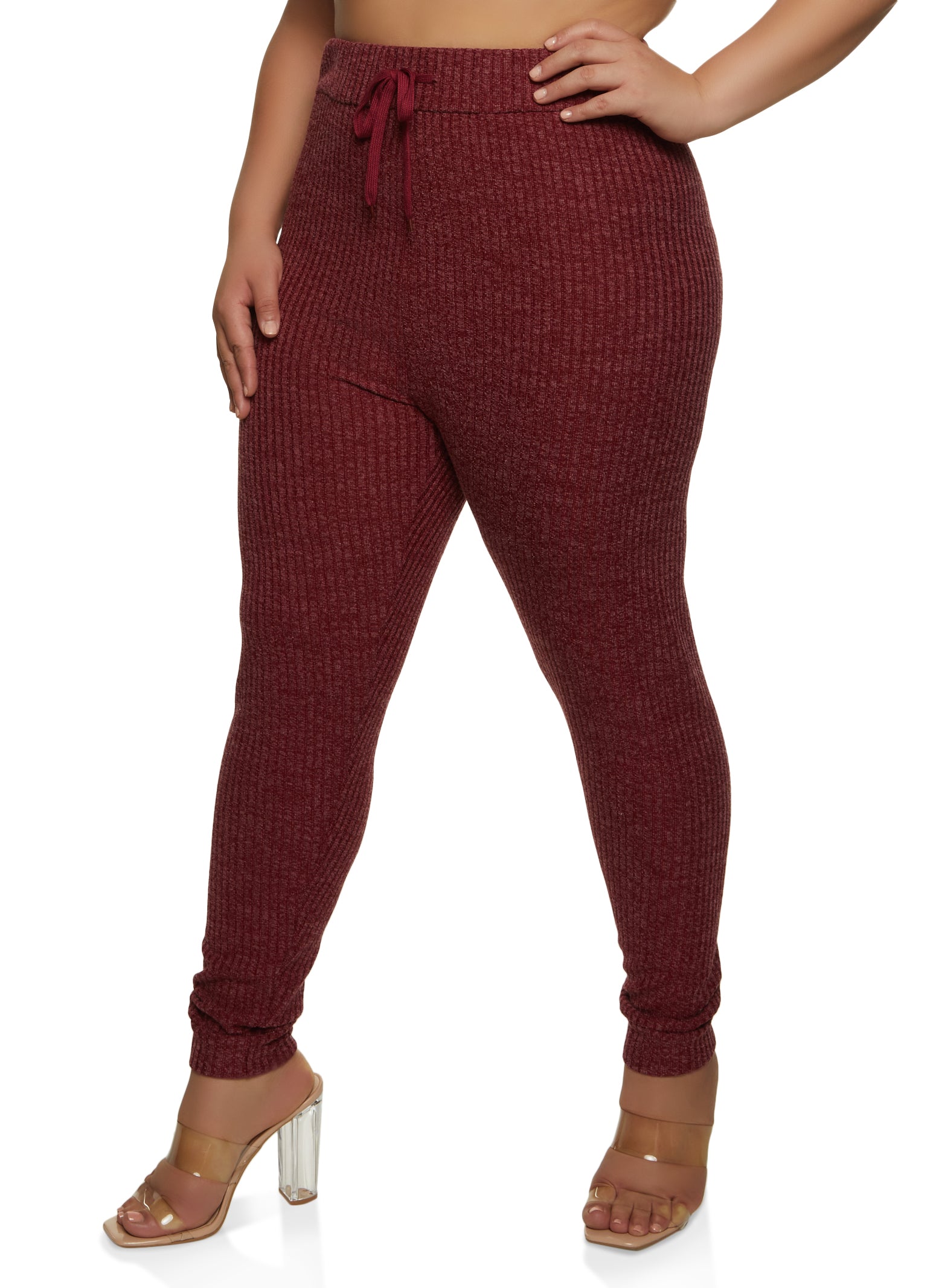 Plus Size Ribbed High Waisted Leggings - Red