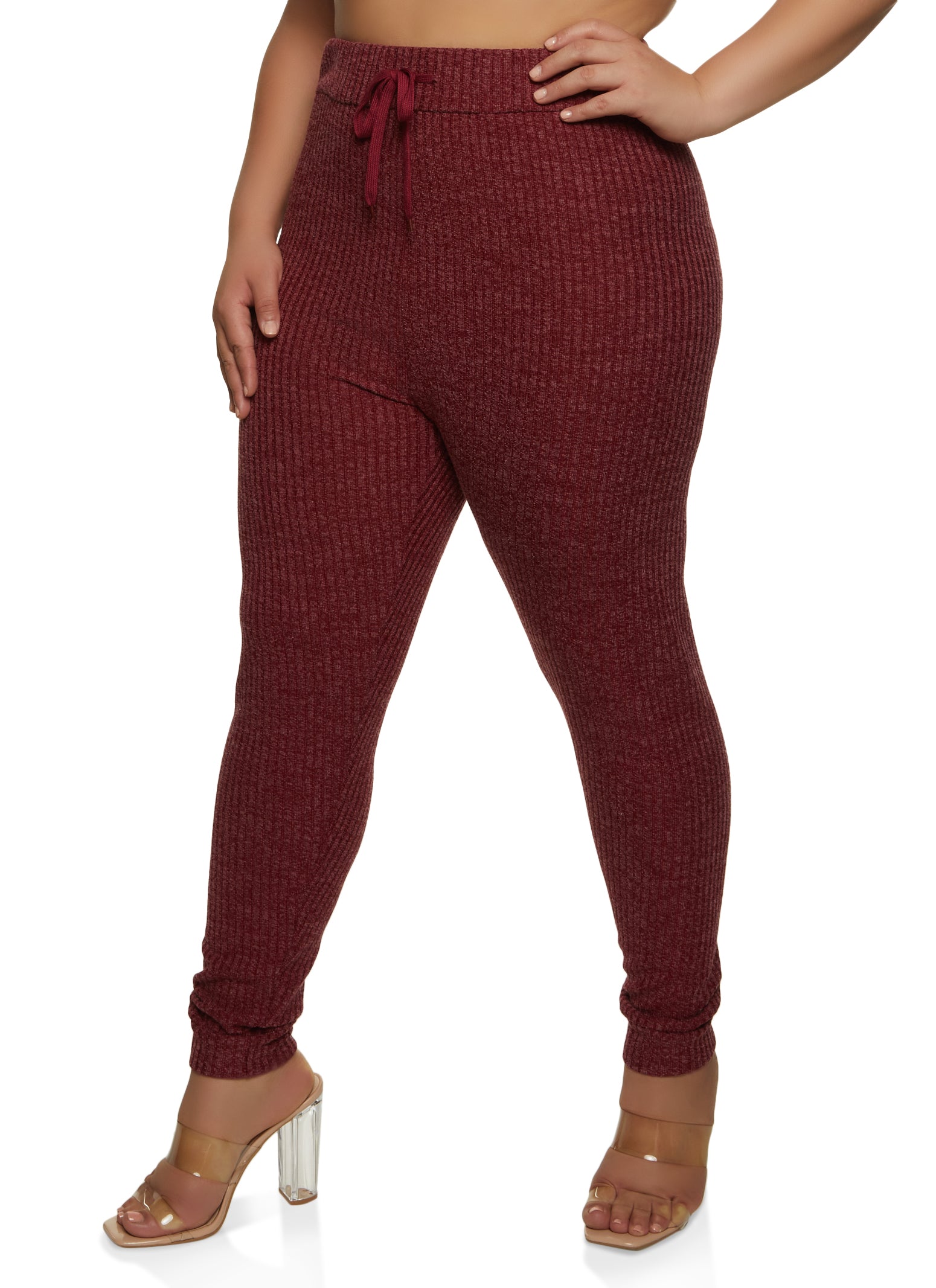 Rainbow Shops Womens Plus Size Ribbed Knit High Waisted Leggings, Burgundy,  Size 3X