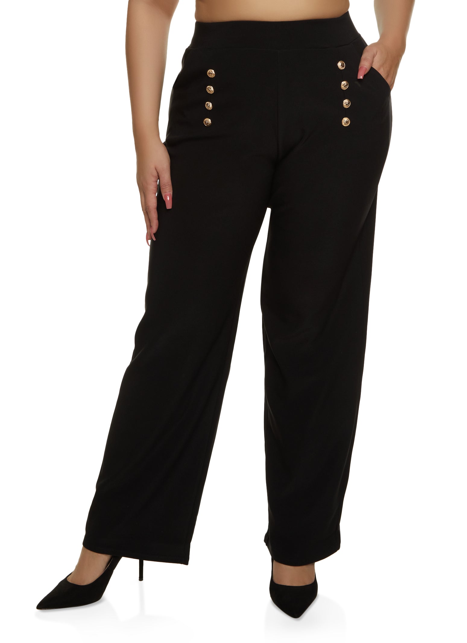 Rainbow Shops Womens Plus Size Faux Button Detail Wide Leg Dress Pants,  Black, Size 1X