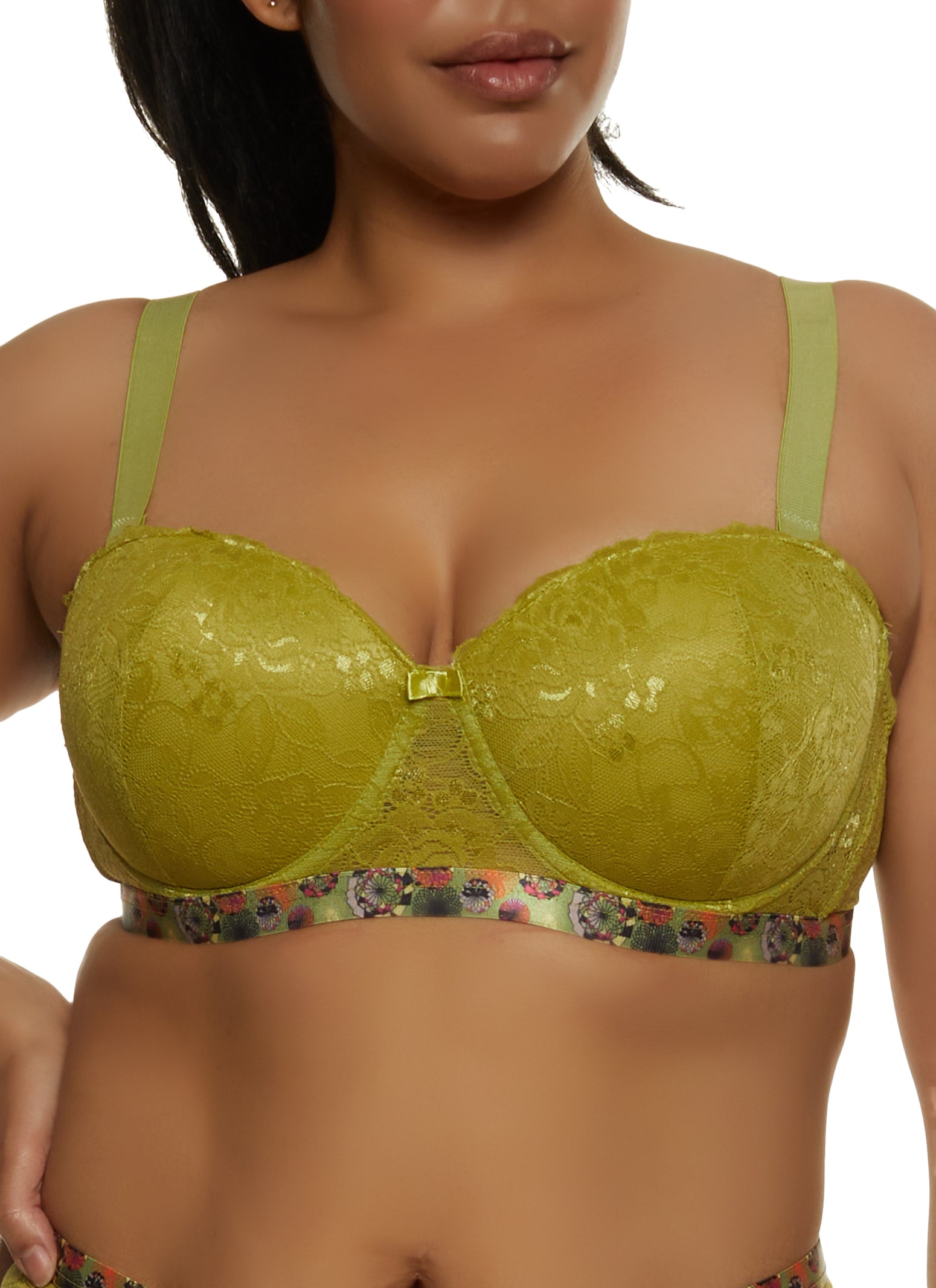 Rainbow Shops Womens Plus Size Ribbon Trim Floral Lace Balconette Bra, Converts to Strapless, Green, Size 38C