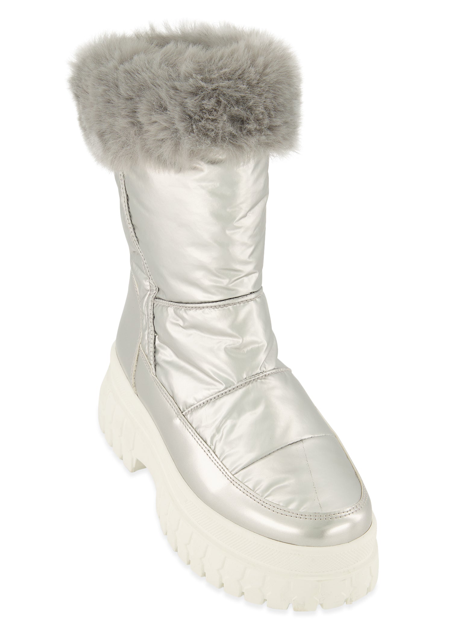 Womens Faux Fur Side Zip Weatherproof Snow Boots, Silver, Size 8.5