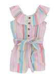 Toddler Button Front Belted Tie Waist Waistline Striped Print Off the Shoulder Sleeveless Romper