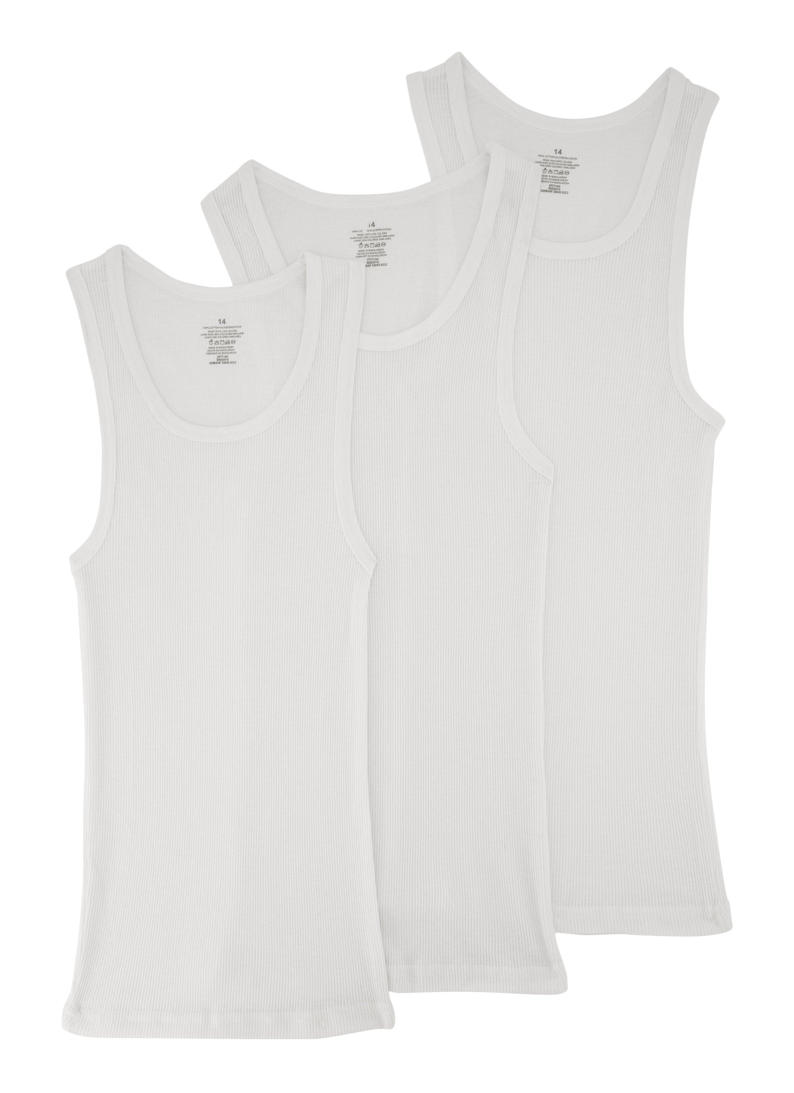Boys 3 Pack Solid Ribbed Knit Tank Tops, White, Size 12