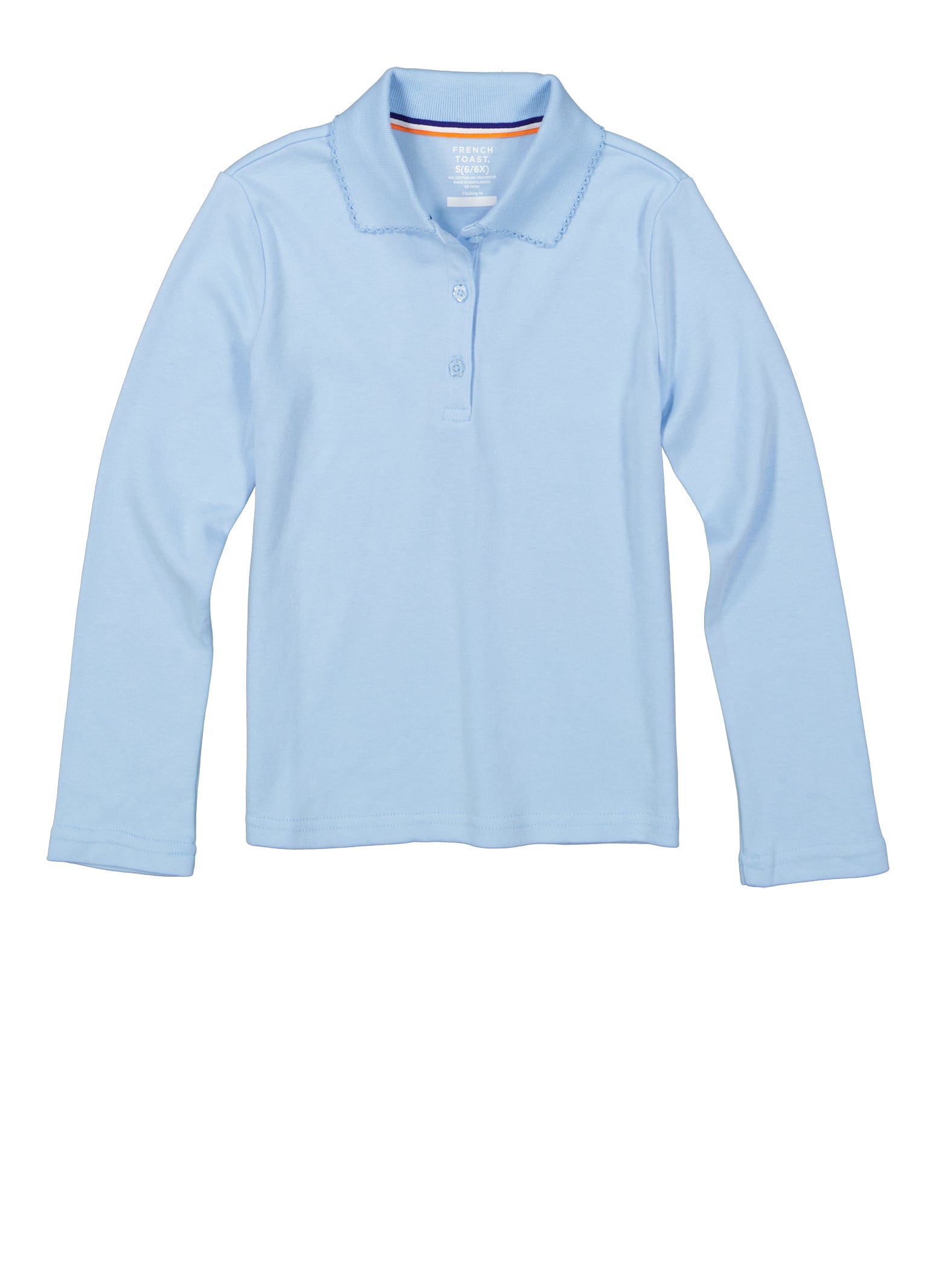 French Toast Girls 4-6x Picot Collar Interlock Long Sleeve Polo, Blue, Size 6-6X