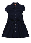 Girls Belted Button Front Pocketed Ruched Collared Cap Sleeves Tie Waist Waistline Shirt Midi Dress