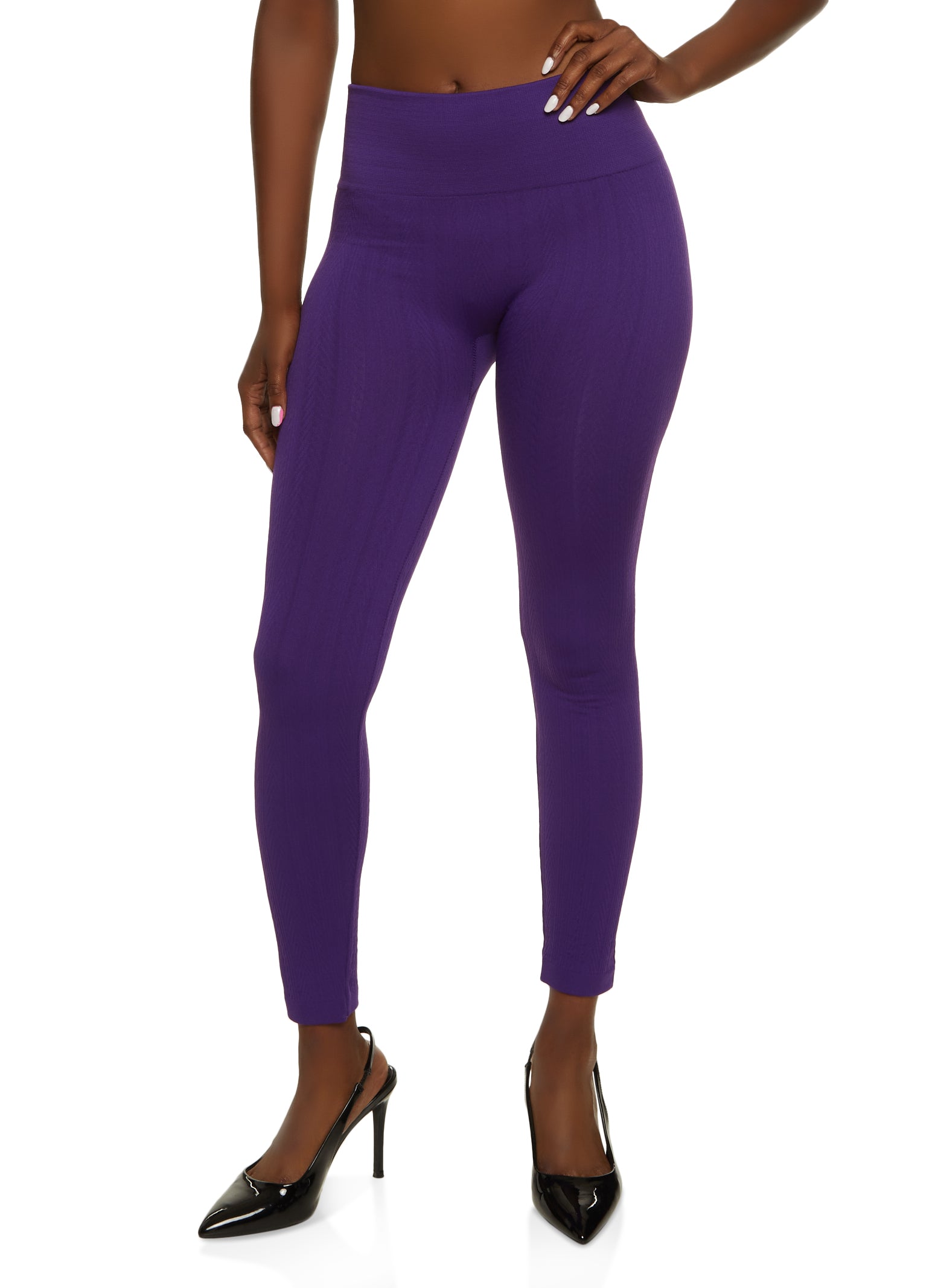 Rainbow Shops Womens Basic Textured Knit Fleece Lined Leggings, Purple,  Size L-XL