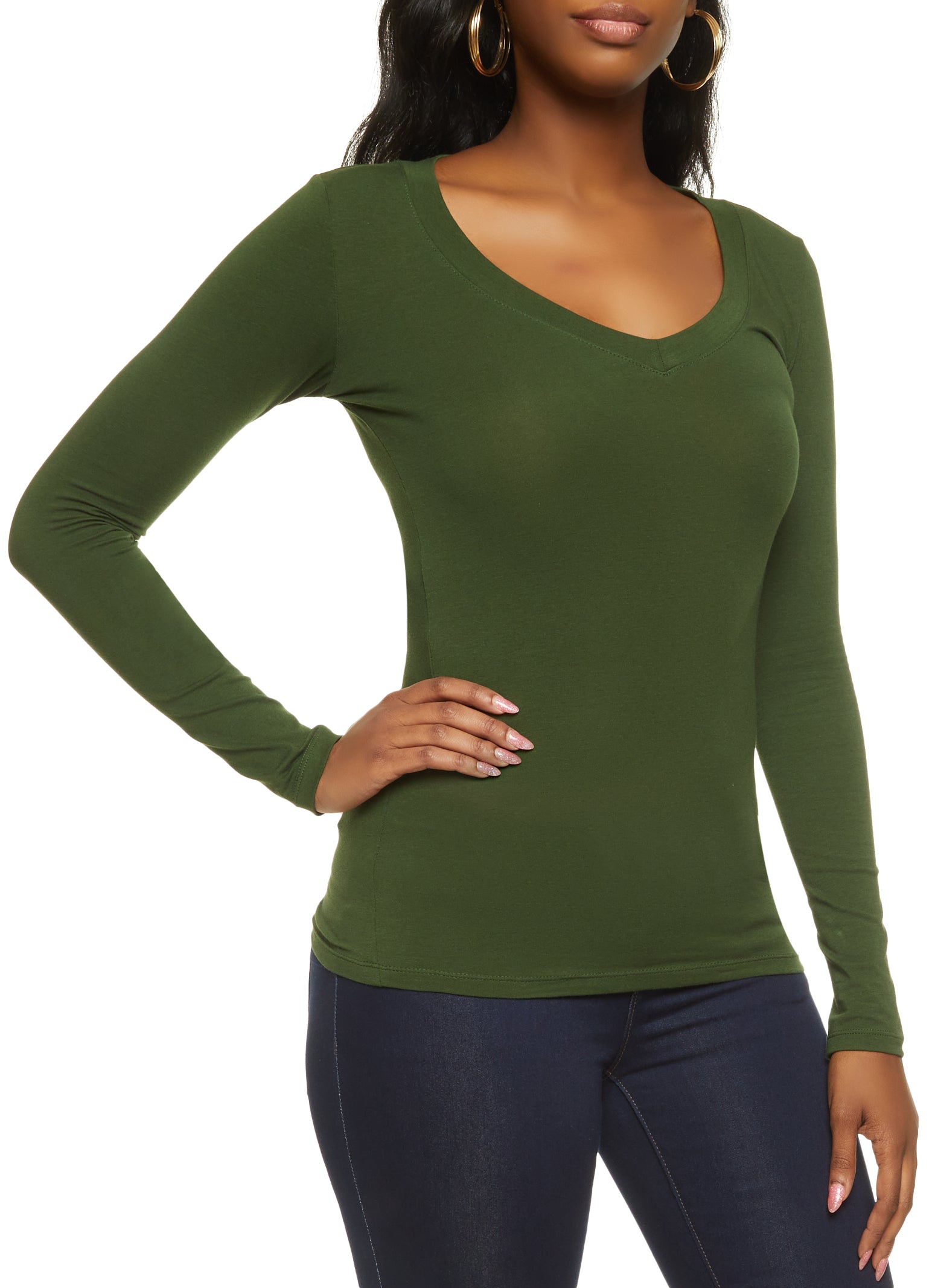 Womens Basic V Neck Long Sleeve Top,