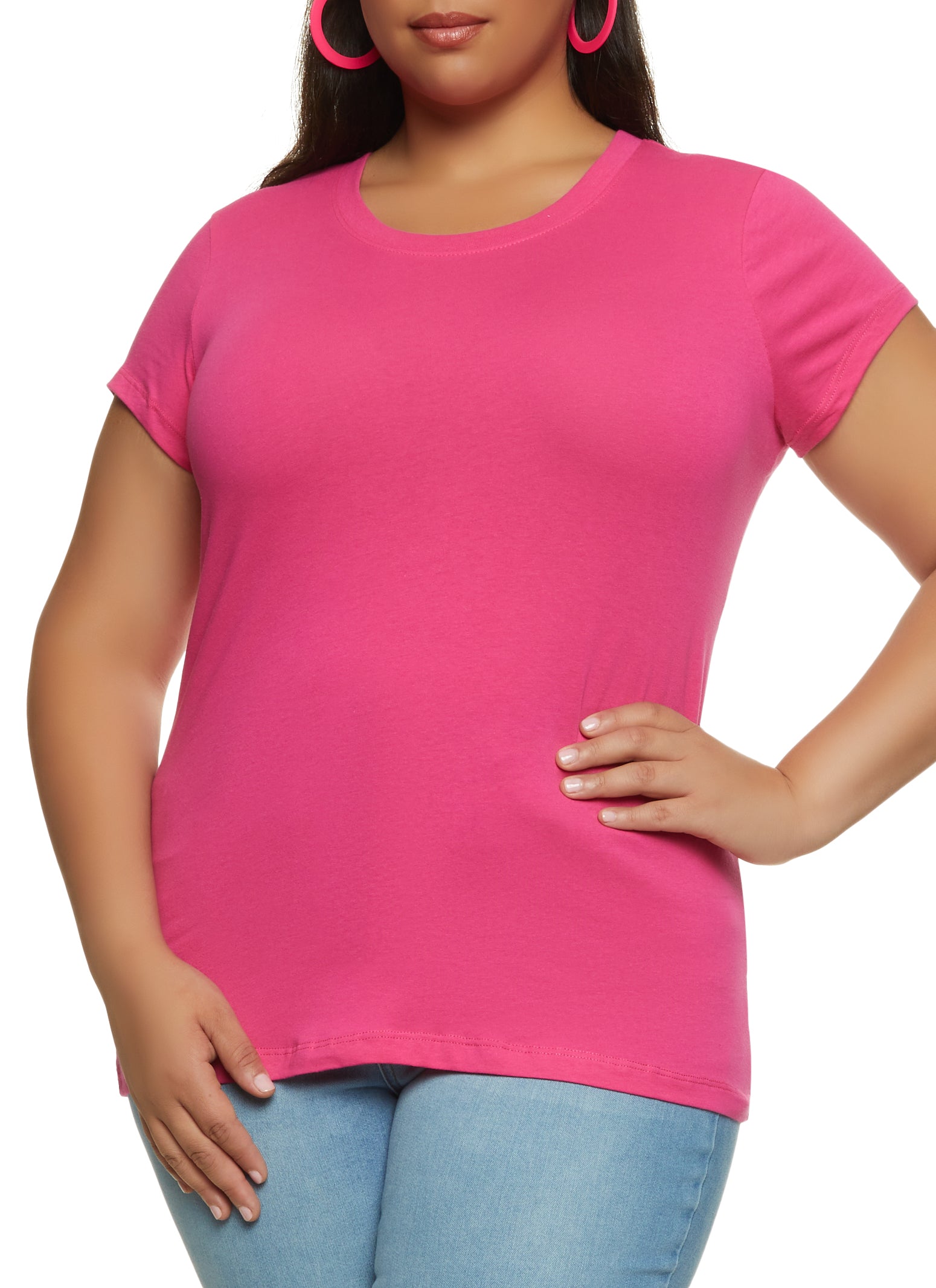 Sexy Solid Round Neck Short Sleeve Hot Pink Plus Size T-shirts (Women's)