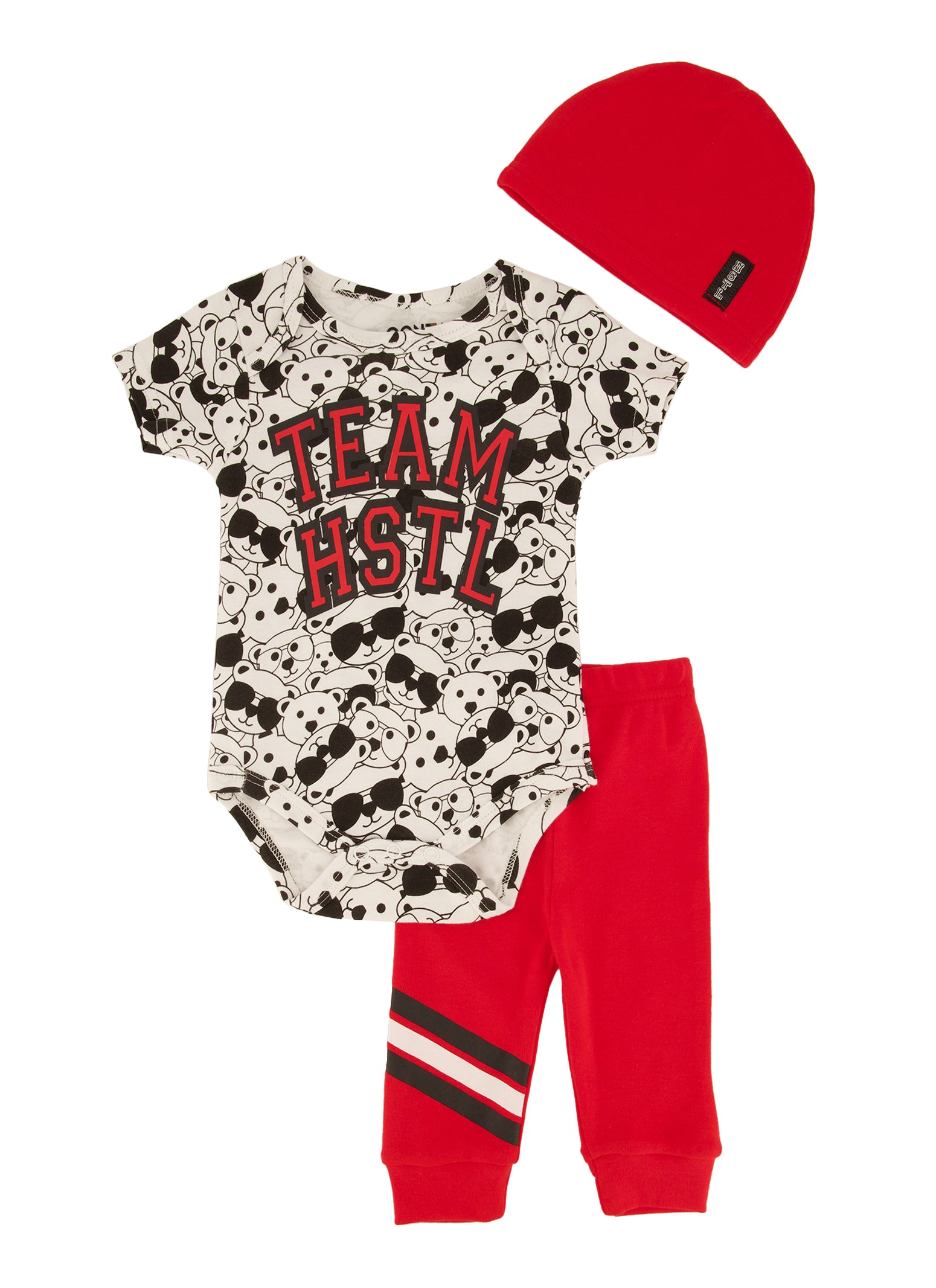 Baby Boys 0-9M Team Hstl Bear Printed Graphic Bodysuit with Joggers and Beanie, Red, Size 0-3M