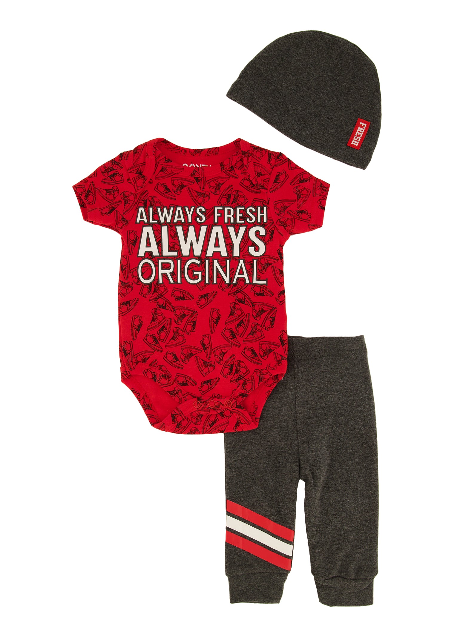 Baby Boys 0-9M Always Fresh Sneaker Print Bodysuit with Joggers and Beanie, Red,