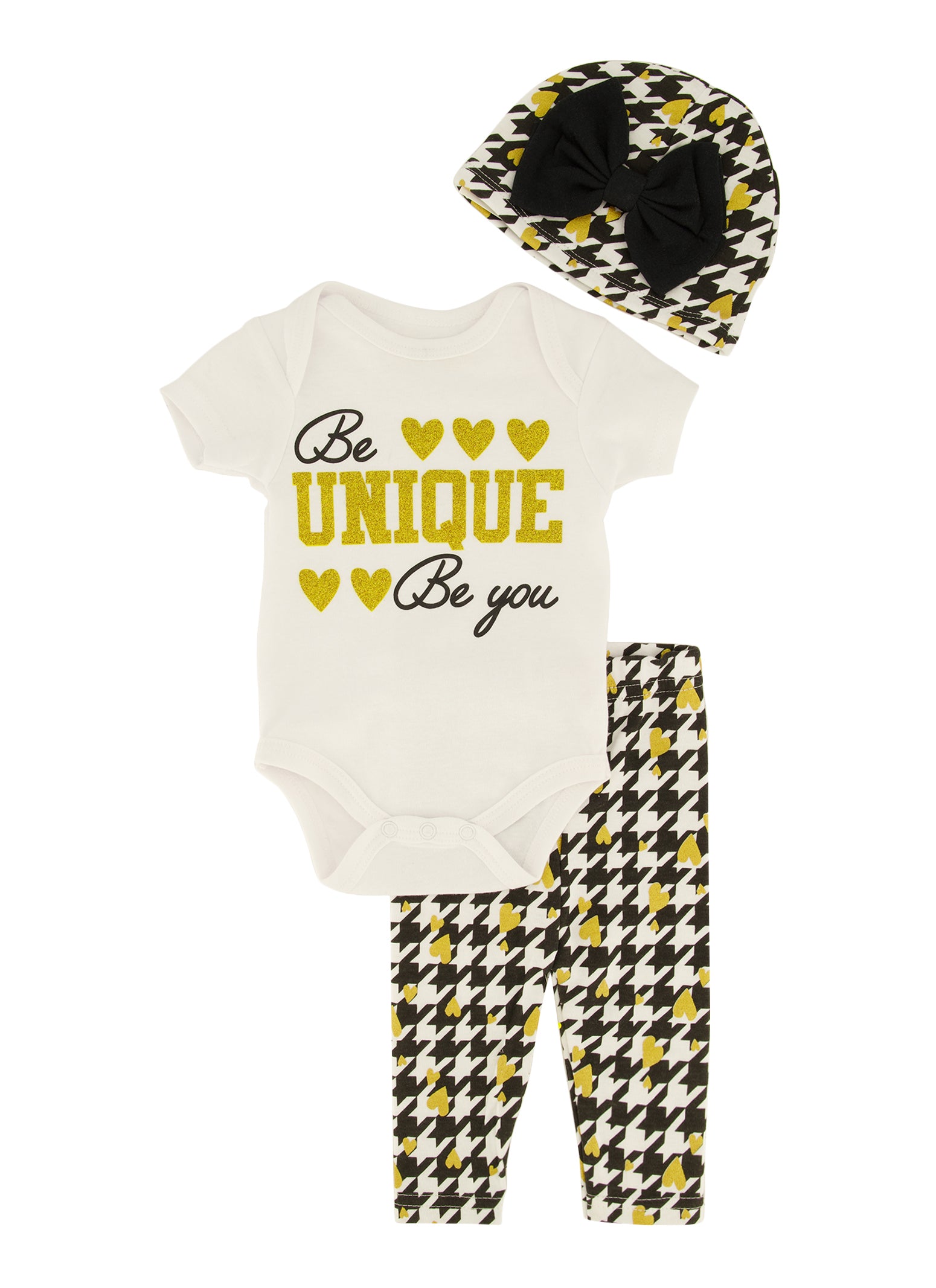 Baby Girls 0-9M Be Unique Be You Bodysuit and Houndstooth Leggings Set, White, Size 3-6M