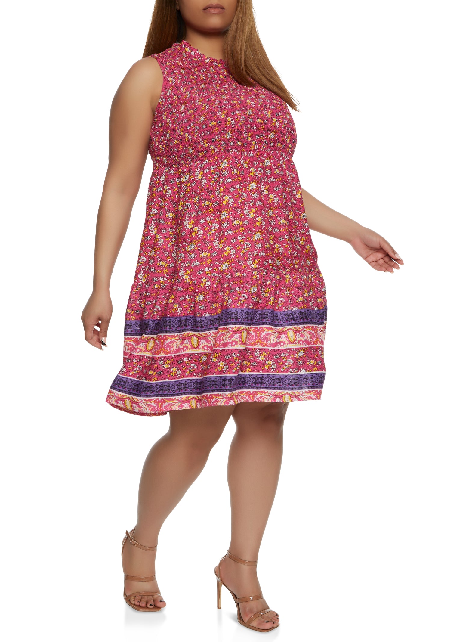 Plus Size Border Print Shift Dress - Fuchsia