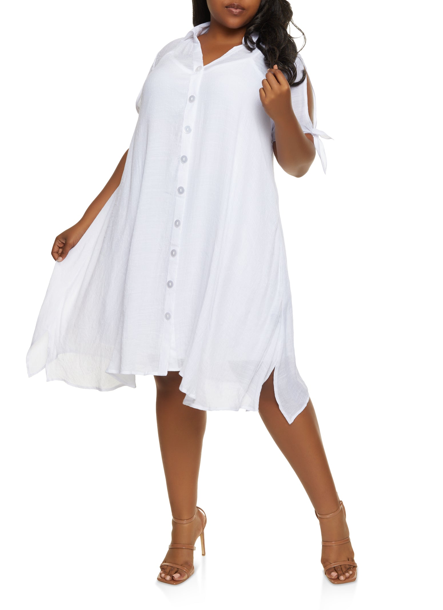 Plus Size Gauze Knit Tie Sleeve Shirt Dress 9583