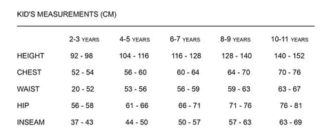 Size Guide M'A Kids