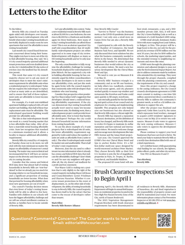 Tara Riceberg Cheval Blanc letter to the Beverly Hills Courier editor